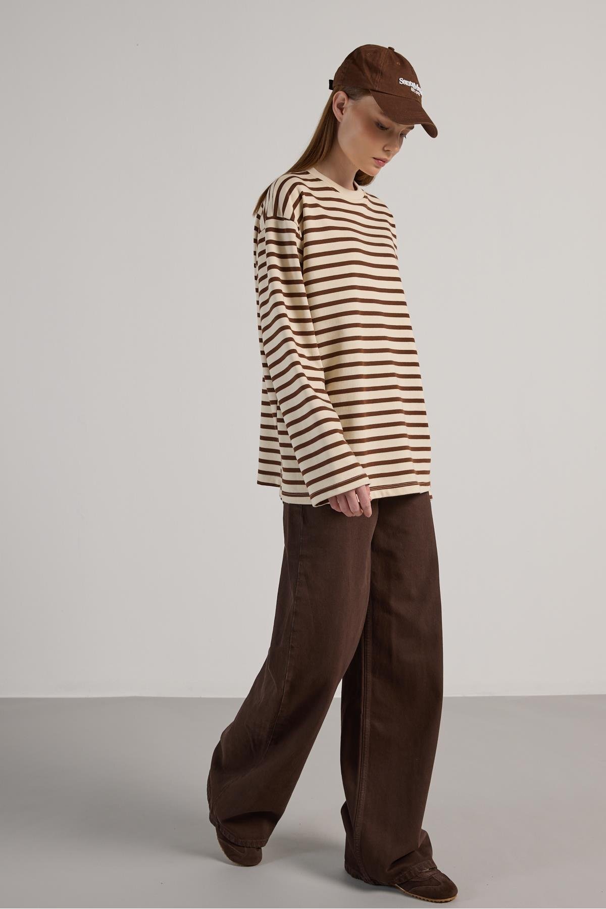 Kadın Çizgili Oversize Kahve Krem Sweatshirt 30010