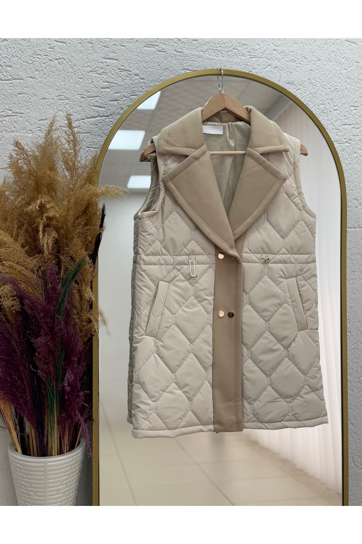 Esila Baklava Desen Belden Sıkmalı Şişme Yelek-EN2192 Taş