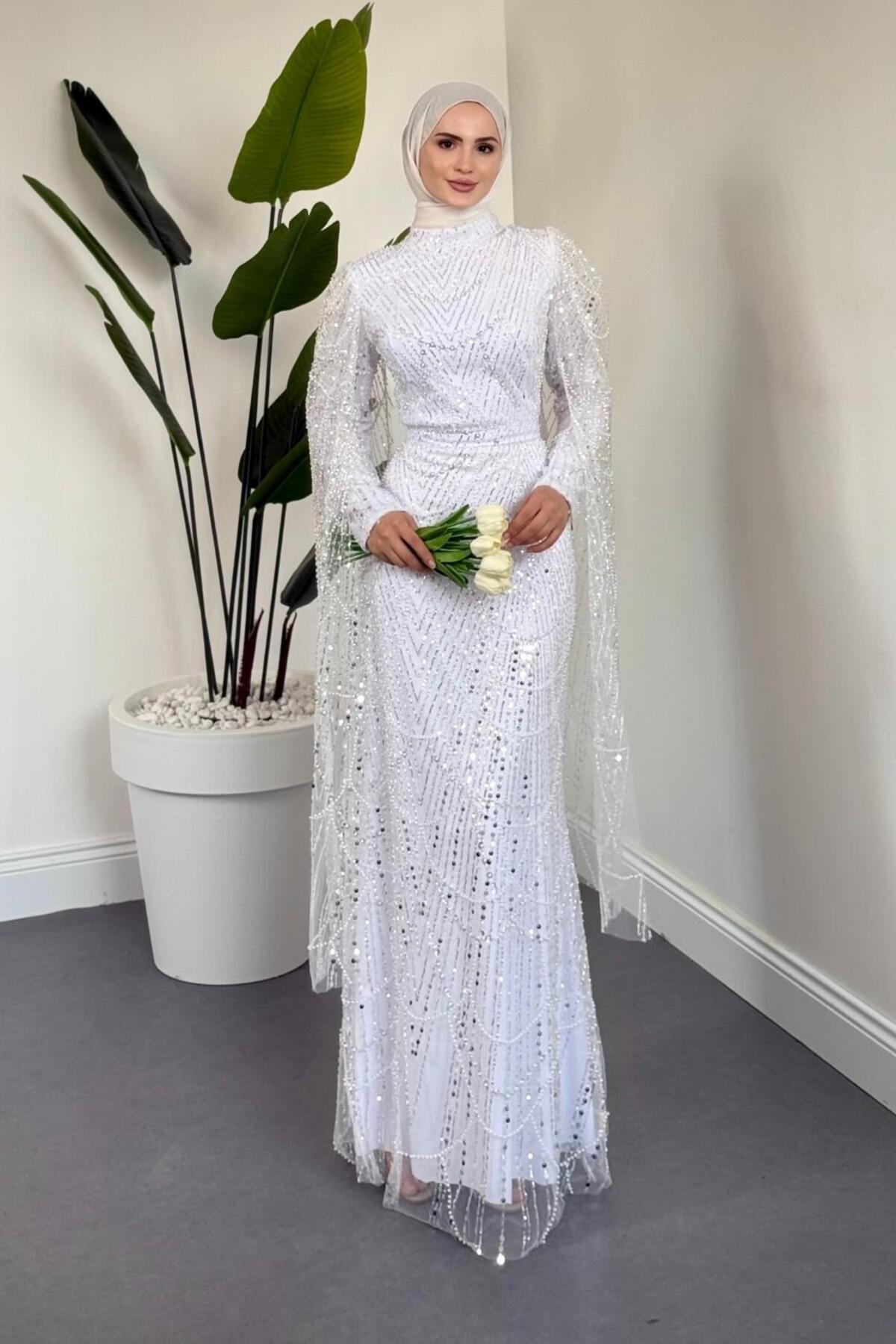 Eloria Pelerinli Boncuk İşlemeli Abiye Beyaz