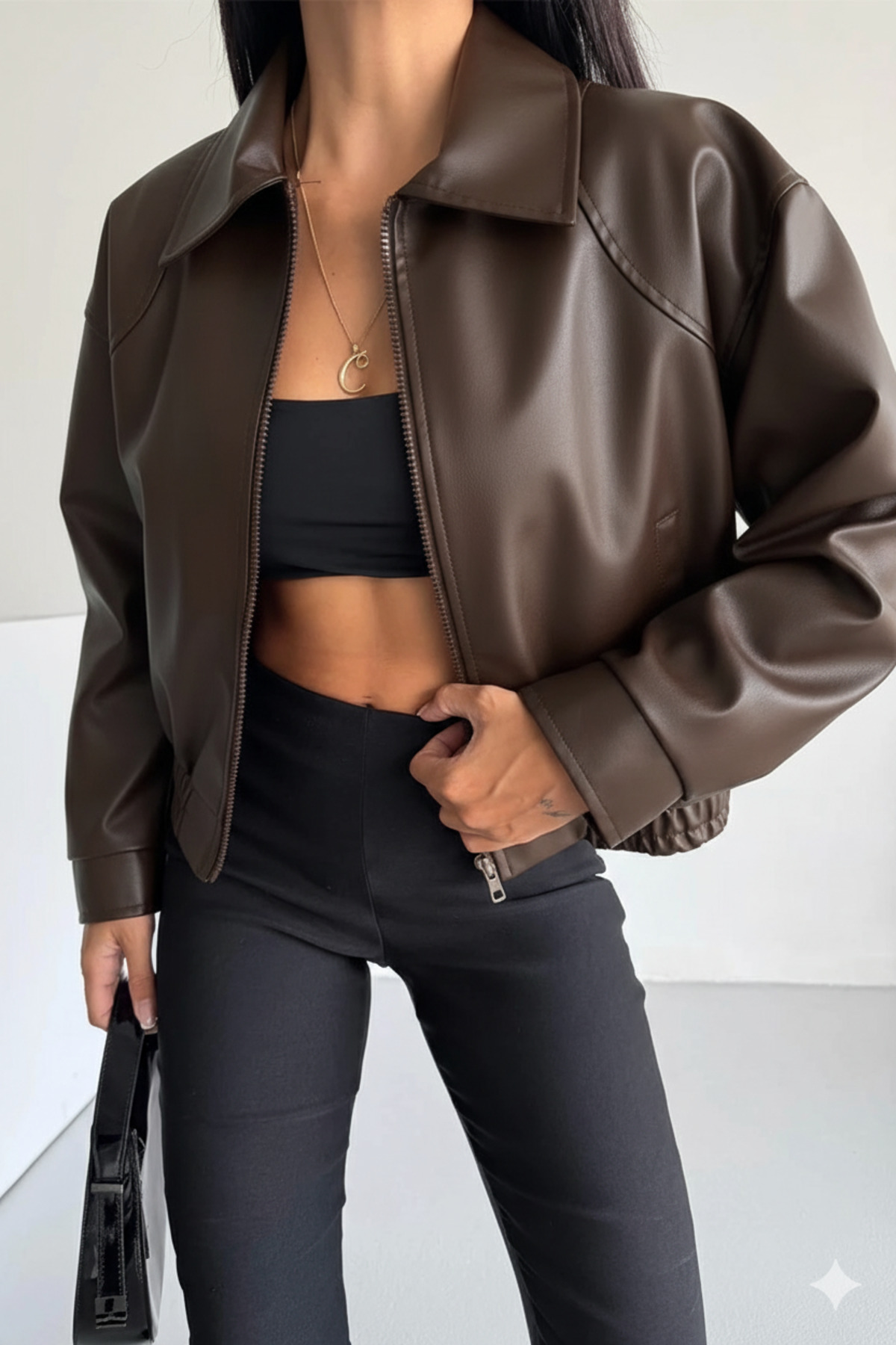 Kadın Bomber Beli Lastikli Deri Ceket