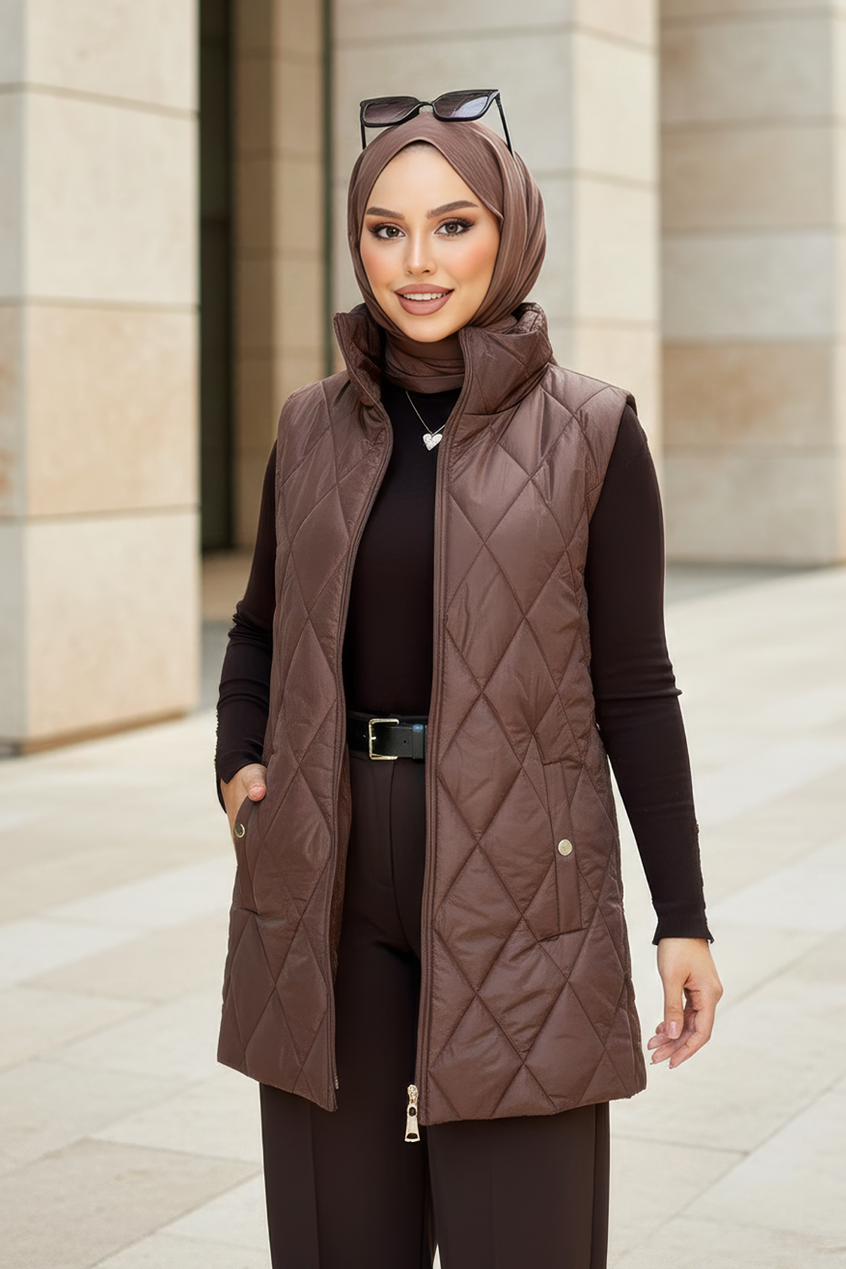 Kadın Kahve Kısa Kapitone Yelek