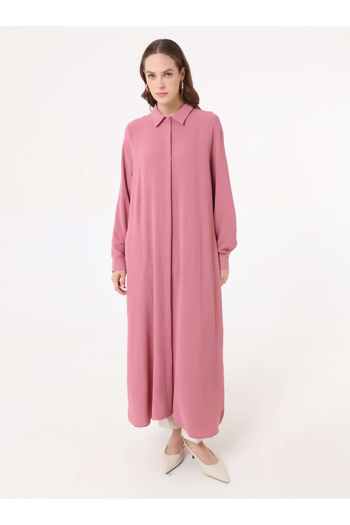 Gömlek Yaka Uzun Tesettür Tunik - Koyu Gül -