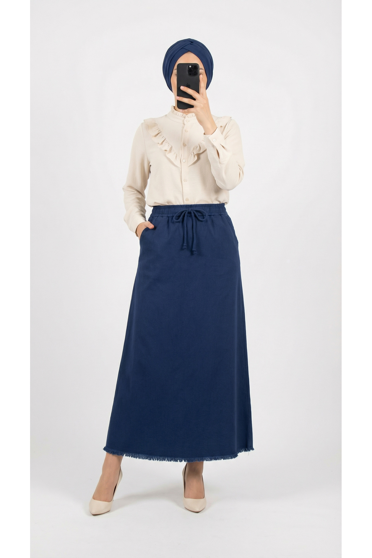 Feyona Altı Püsküllü Gabardin Etek-MA4281 Lacivert