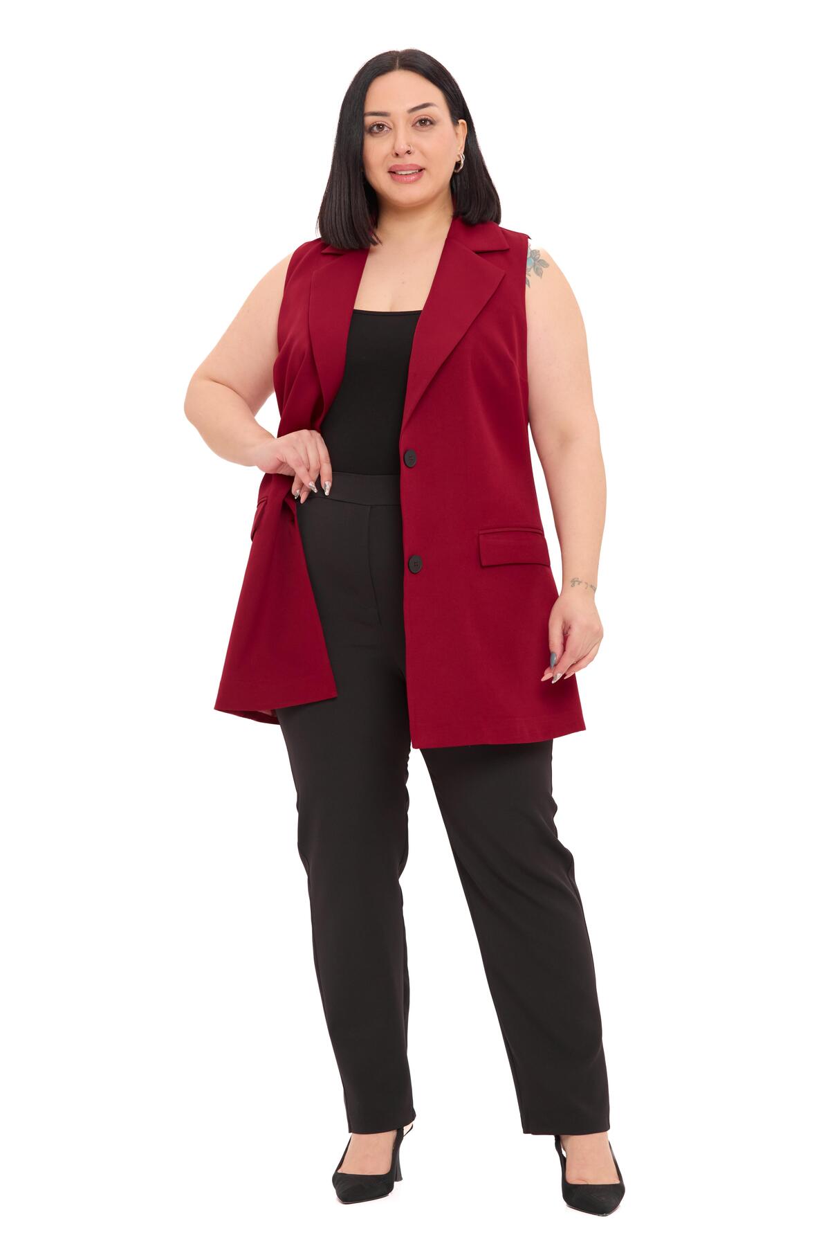 Büyük Beden Düğmeli Kapaklı Cepli Astarlı Uzun Bordo Yelek