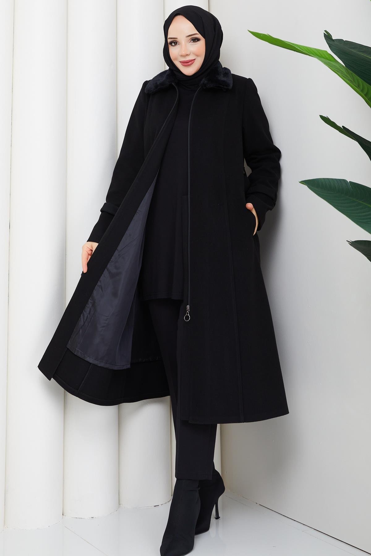 Büyük Beden Kışlık Kaşe Kadın Kaban Siyah 2608