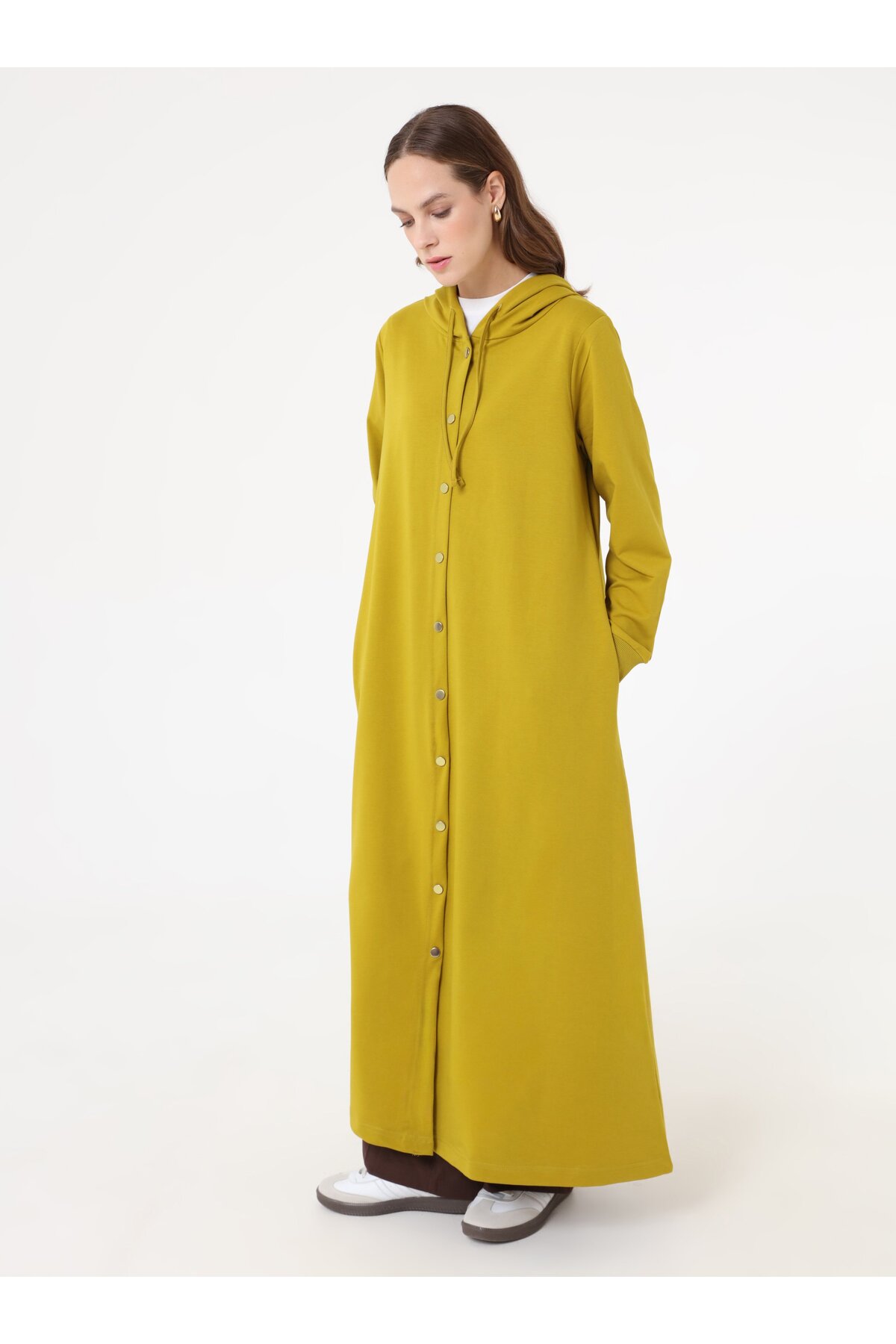 Kapüşon Detaylı Çıtçıtlı Spor Kap / Pardesü - Zeytin Yağı -