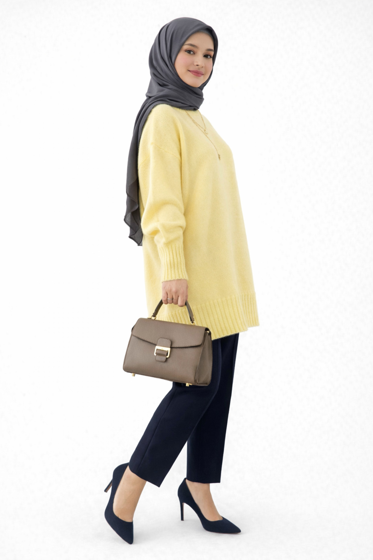 Sarı Bisiklet Yaka Oversize Kadın Kazak Tunik