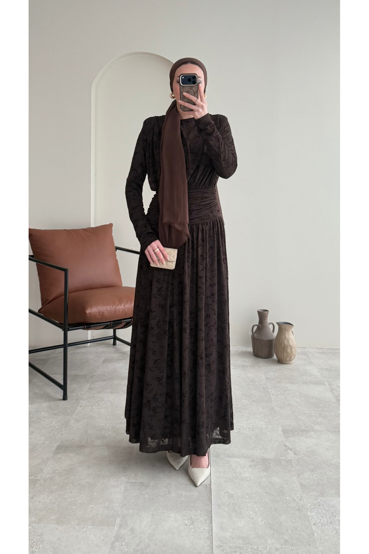 Kadın Flok Baskı Premium Kumaş Astarlı Elbise