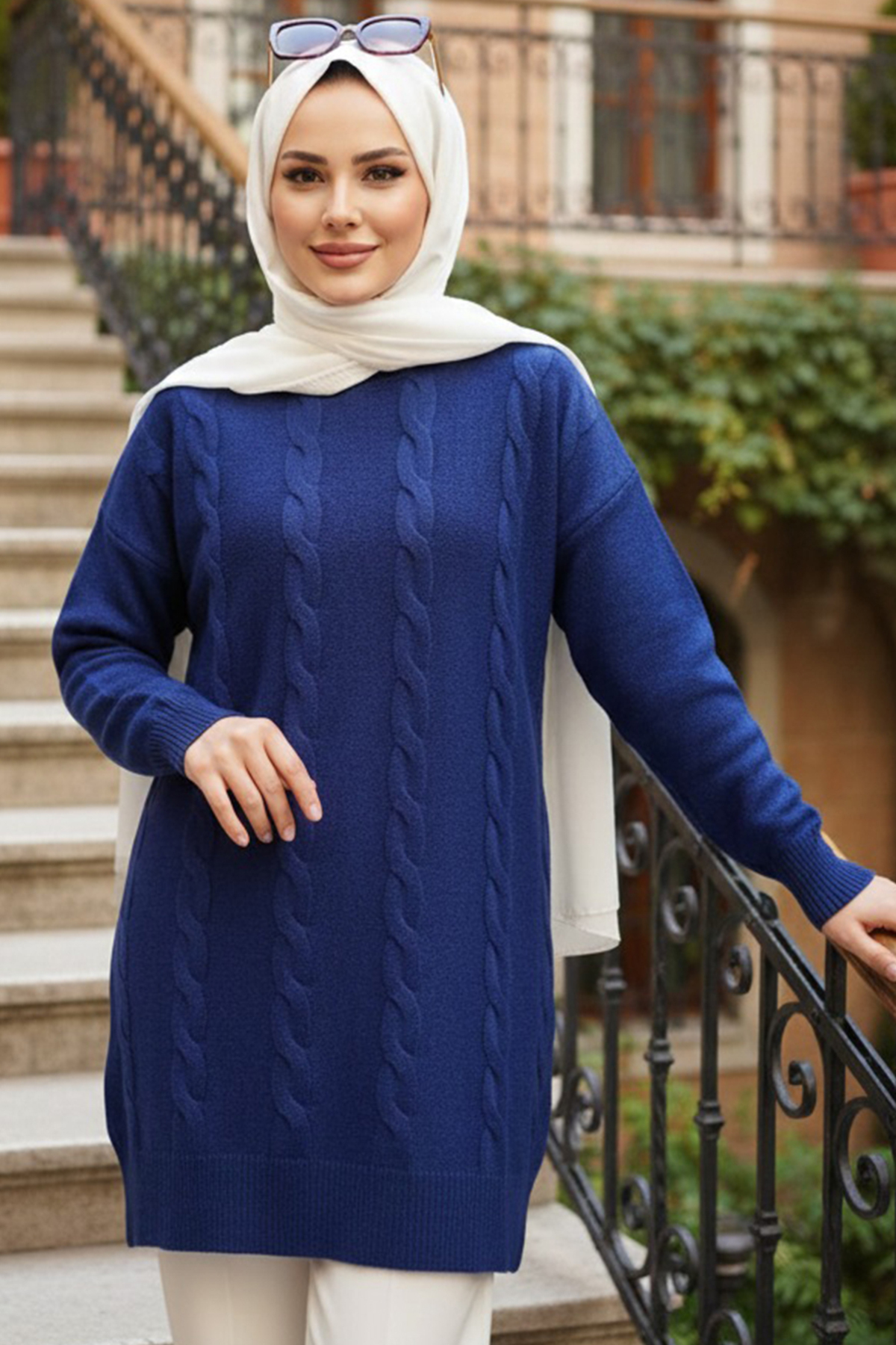 Örgü Detaylı Lacivert Tesettür Triko Kazak 60051L