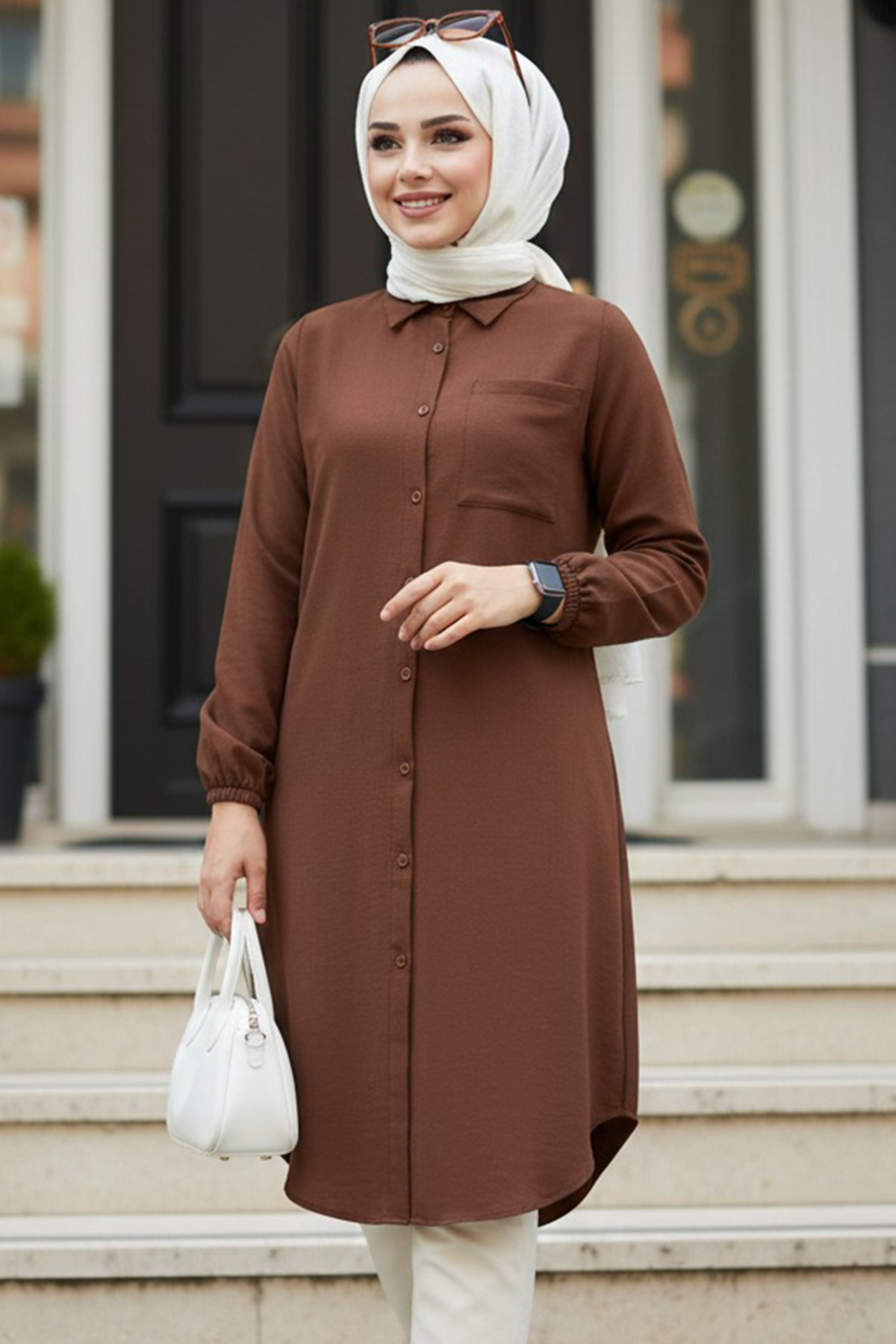 Düğmeli Kahverengi Tesettür Tunik 30293KH