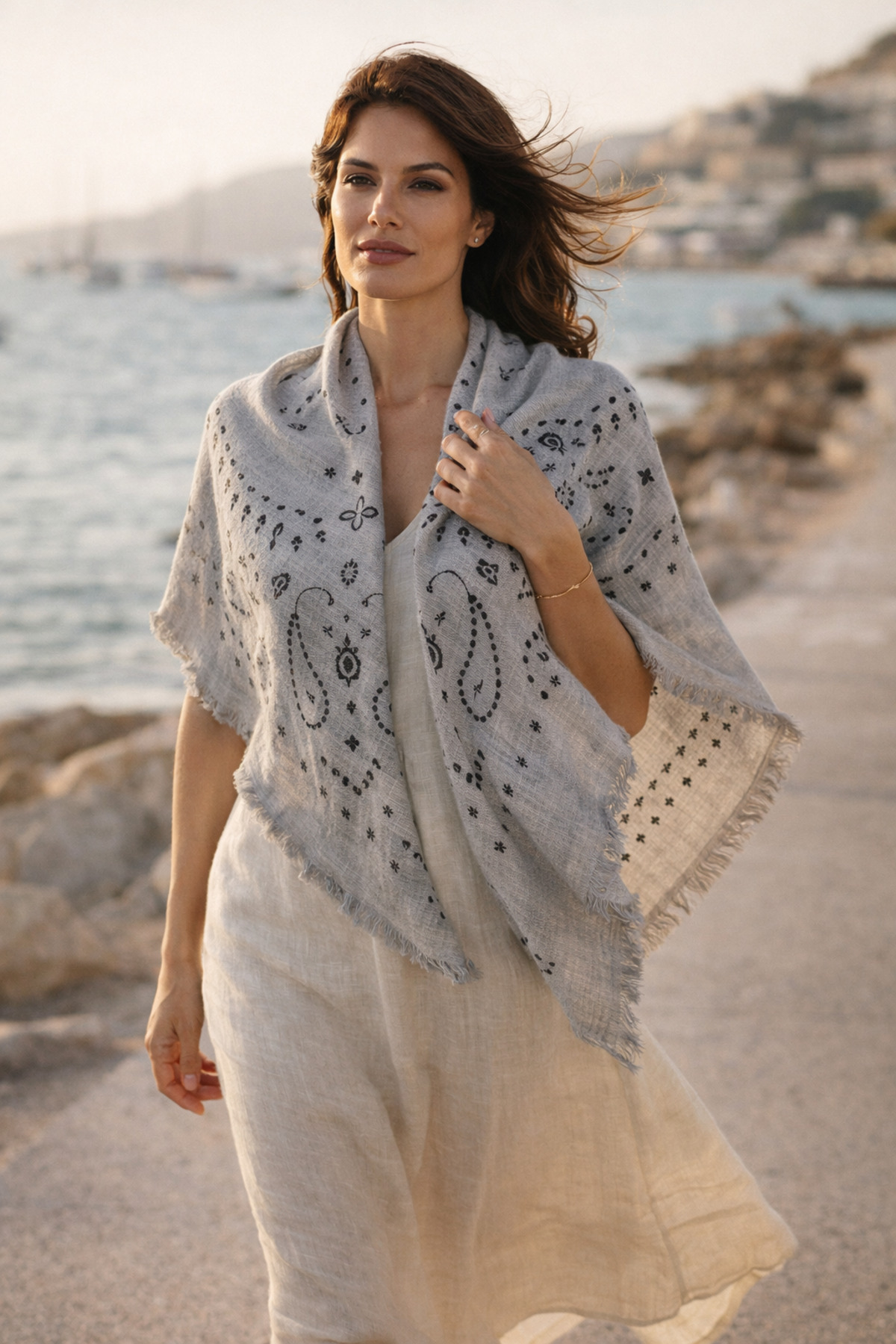 Gri Kujten Desenli Pamuklu Şal SAL1401