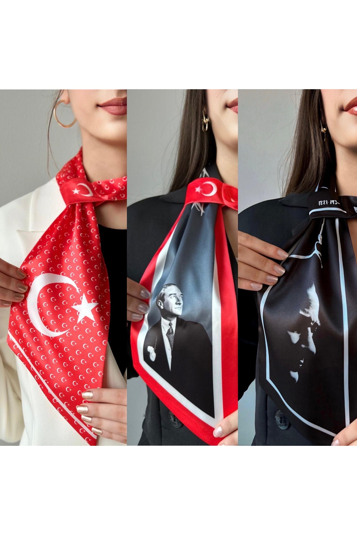 Türk Bayrağı & Mustafa Kemal Atatürk Temalı 3’lü Fular Seti – İpek Saten Desenli Milli Gün Fuları