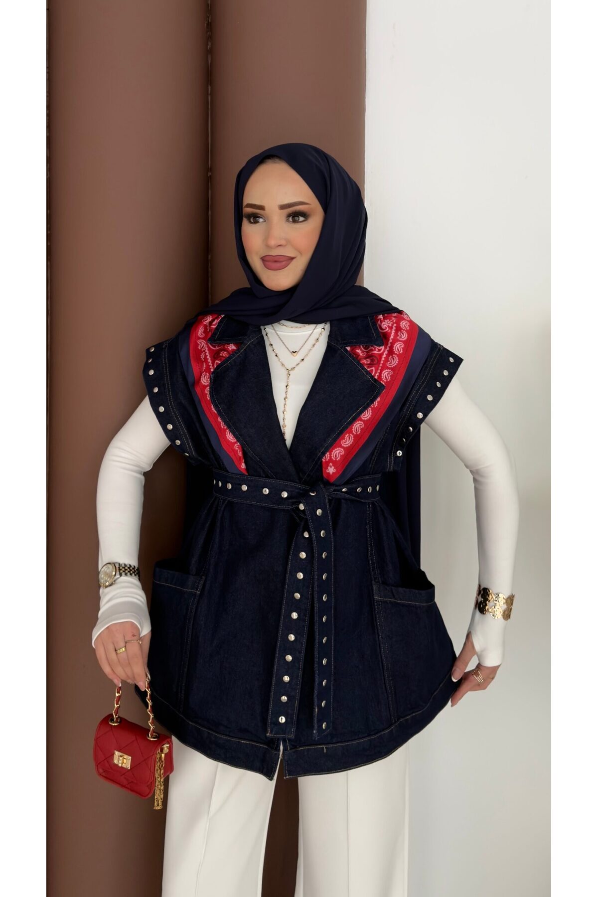 Premium Zımbalı Tasarım Kot Yelek - Koyu Mavi