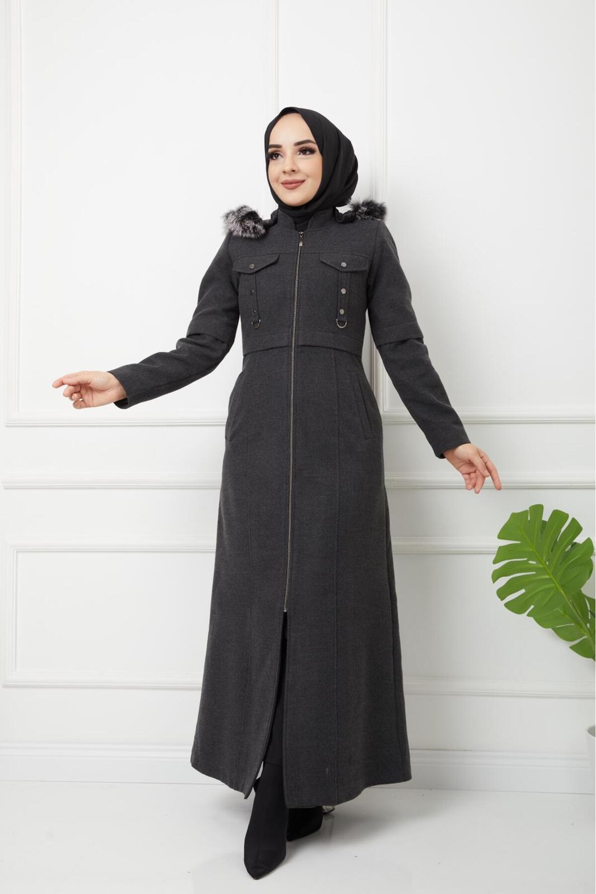 Kadın Kışlık Uzun Tam Boy Fermuarlı Kapşonu Kürklü Kaşe Pardesü Mont Kaban