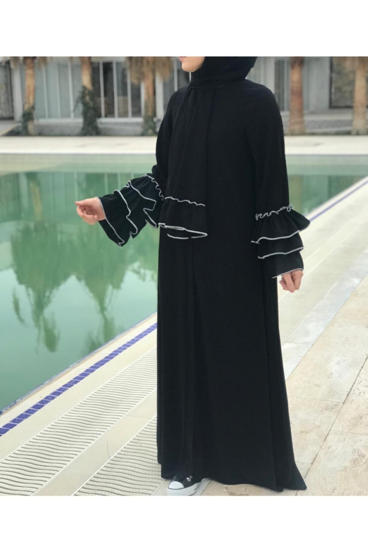 Fırfır Kol Detaylı Siyah Ferace