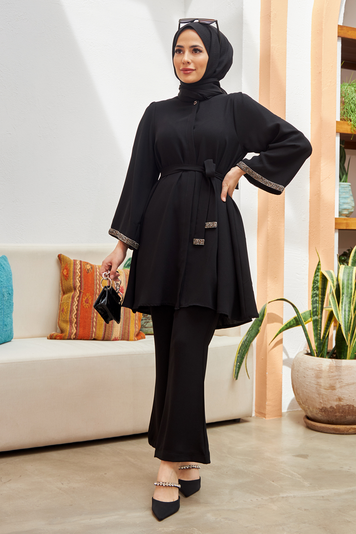 Ispanyol Paça Pantolon Tunik Takım - Siyah