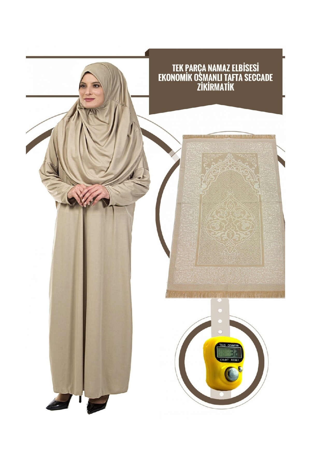 Tek Parça Namaz Elbisesi - Vizon- 5015 ve Seccade ve Zikirmatik - Üçlü Takım