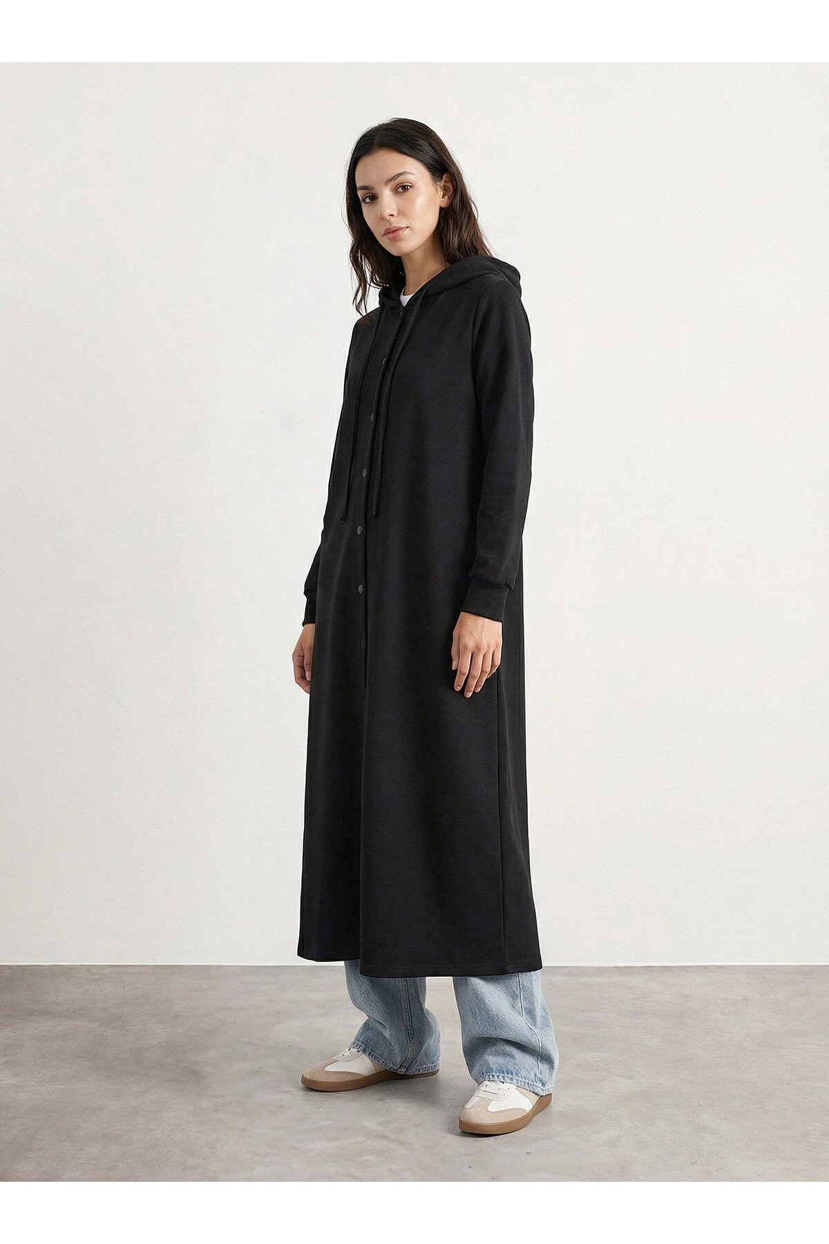 Kapüşon Detaylı Çıtçıtlı Spor Pardesü - Siyah -