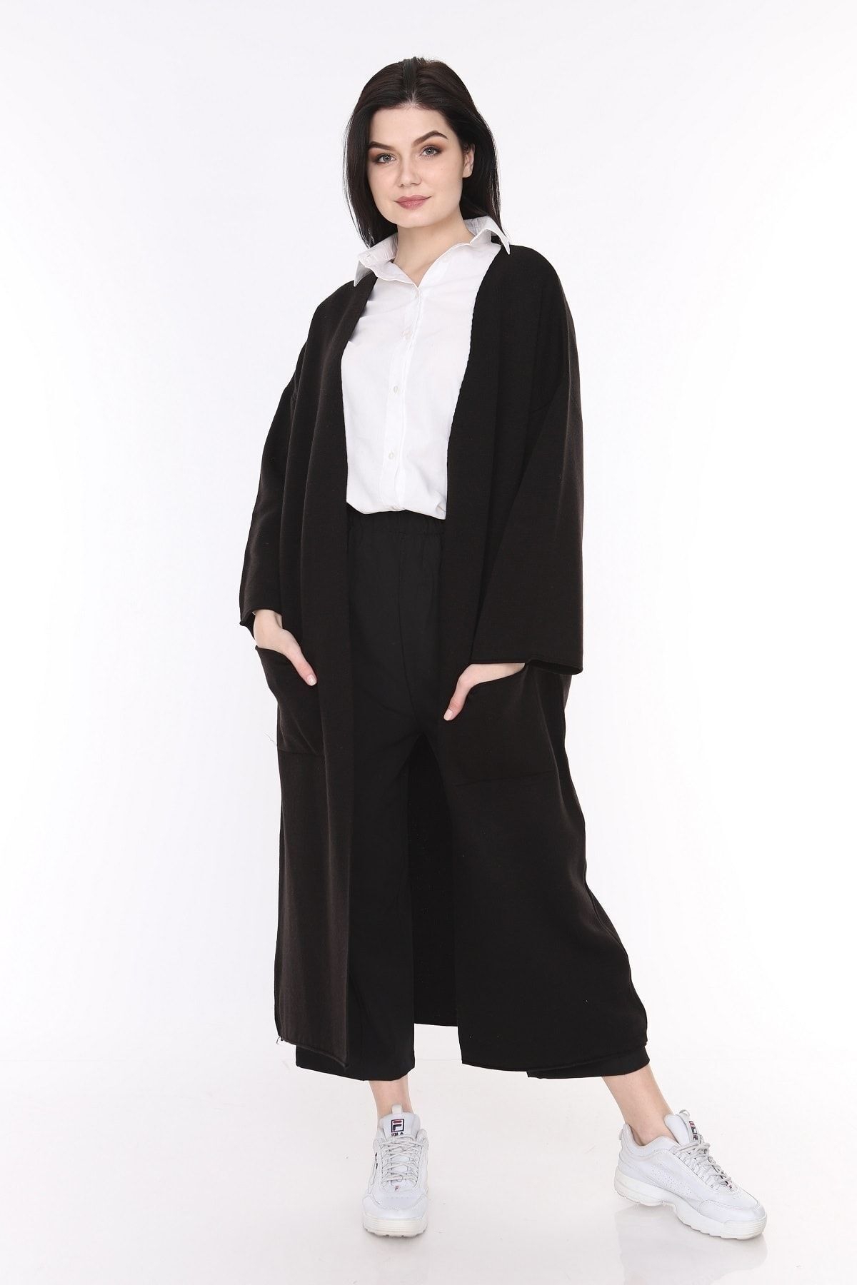 Kadın Siyah Kışlık Kimono Kol Cepli V Yaka Hırka 4100