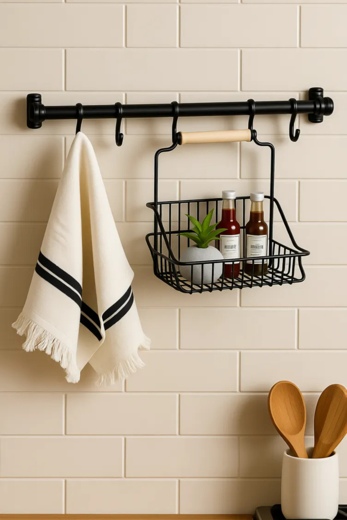 Mutfak Askı Organizeri, Siyah Askı, Retro Mutfak Seti Askılı Ve Sepetli