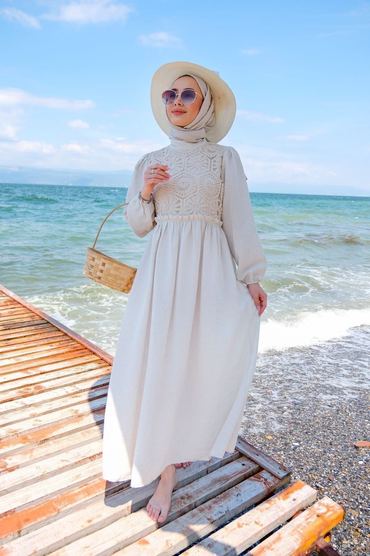 Dantel Detaylı Astarlı Dar Kalıp Keten Tesettür Elbise Taş
