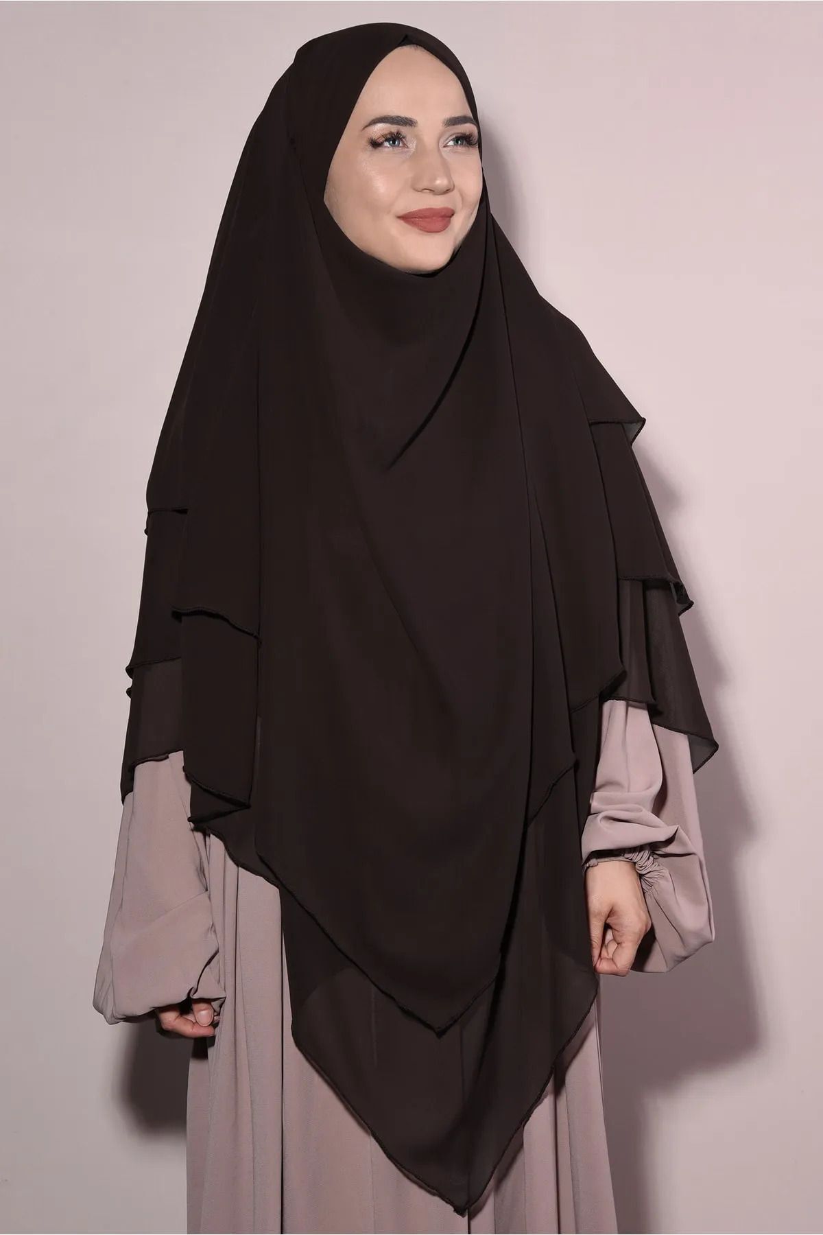 Hazır Bağlama Üç Katlı Şifon Hac Umre Şalı Sufle Khimar Hijab Kahverengi