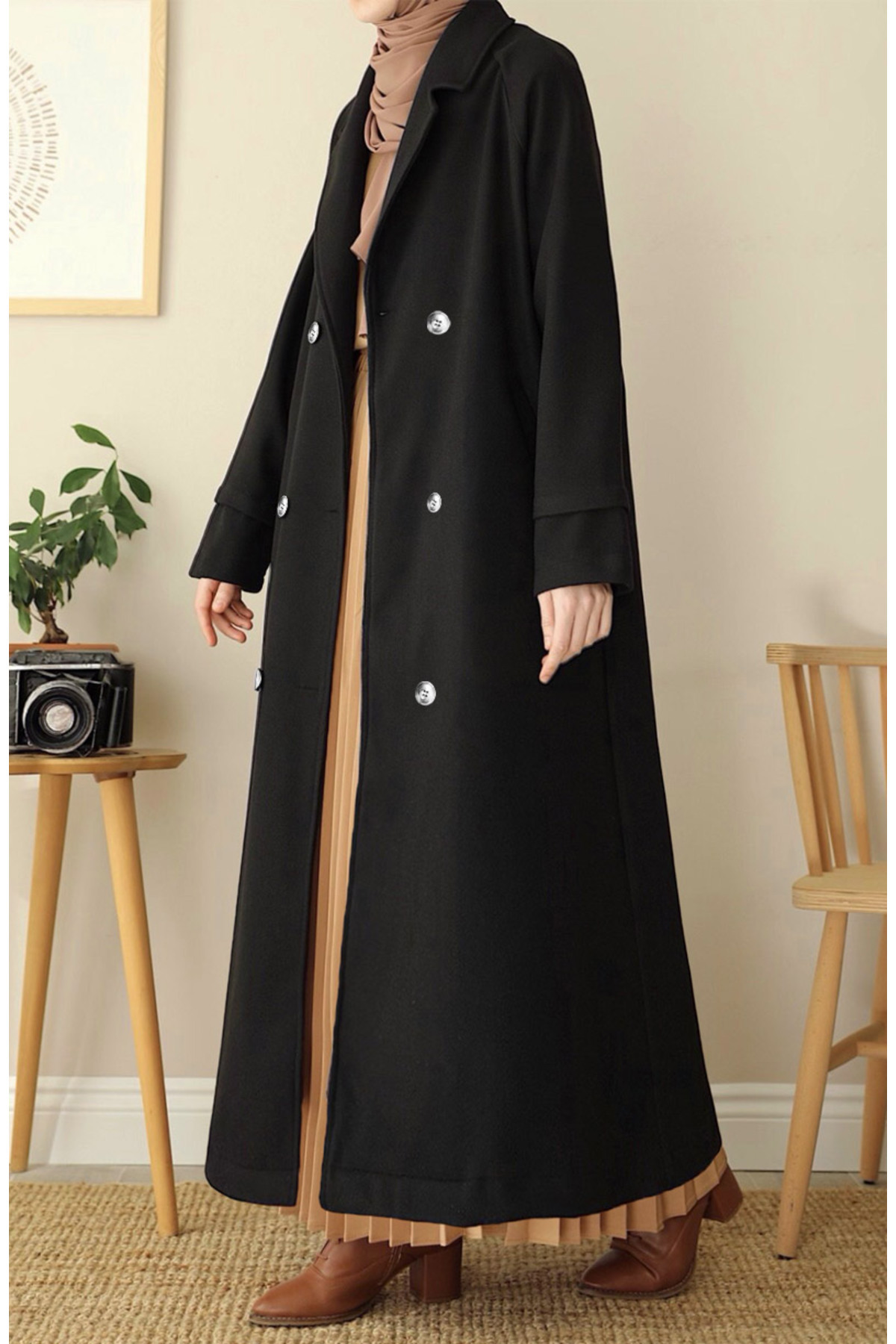 Tam Boy Kruvaze Kaşe Kaban - Siyah