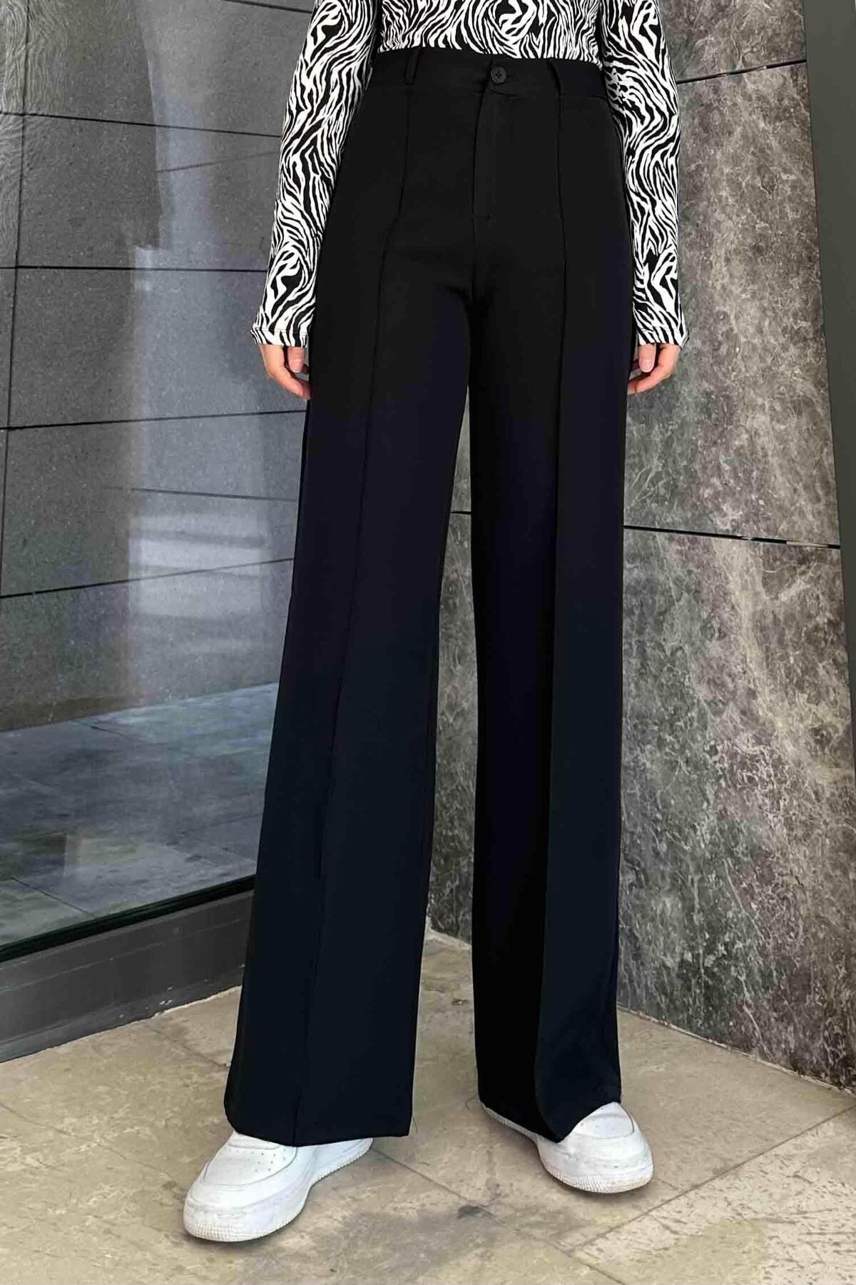 Çımalı Bol Paça Pantolon Siyah