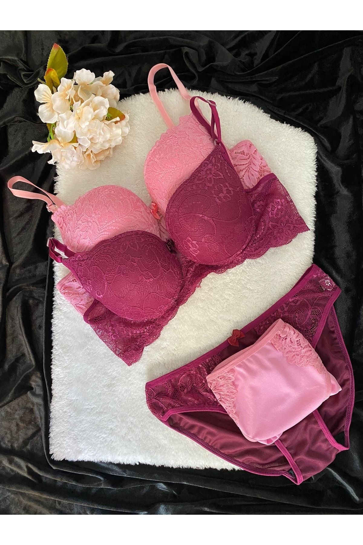 Kadın Pudra Bordo 2'li Paket Dolgulu Balenli Sütyen Takım