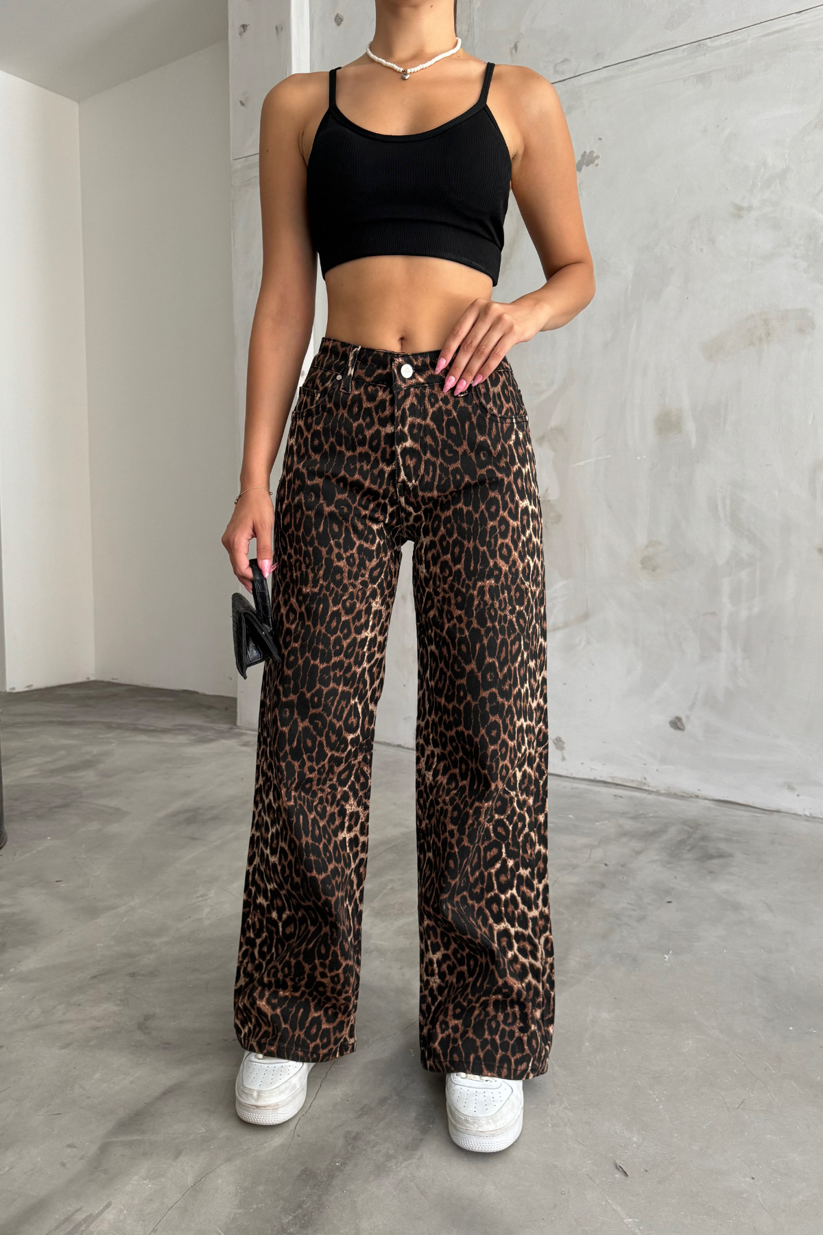Kadın Leopar Desenli Yüksel Bel Geniş Paça Lıkralı Palazzo Pantolon