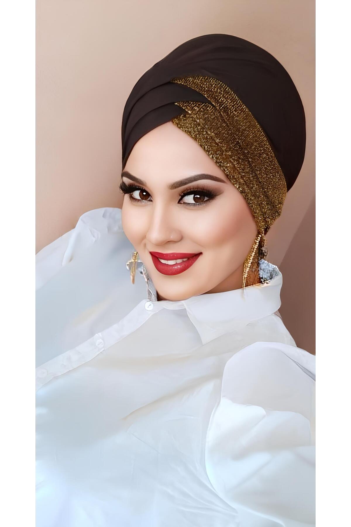 Kadın Kahverengi  Simli Bant Modelli Hazır Türban Tesettür Bone Eşarp Şal