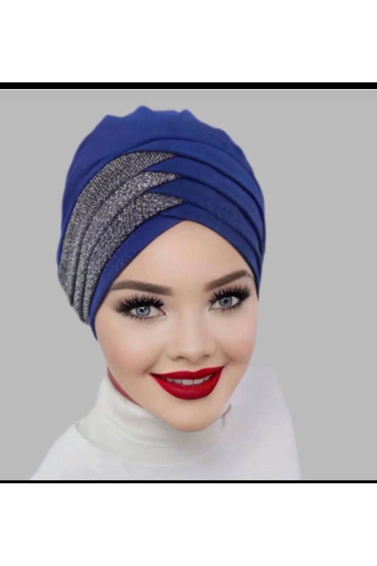 Kadın Mavi Renk simli Bant Modelli Hazır Türban Tesettür Bone Şal Eşarp