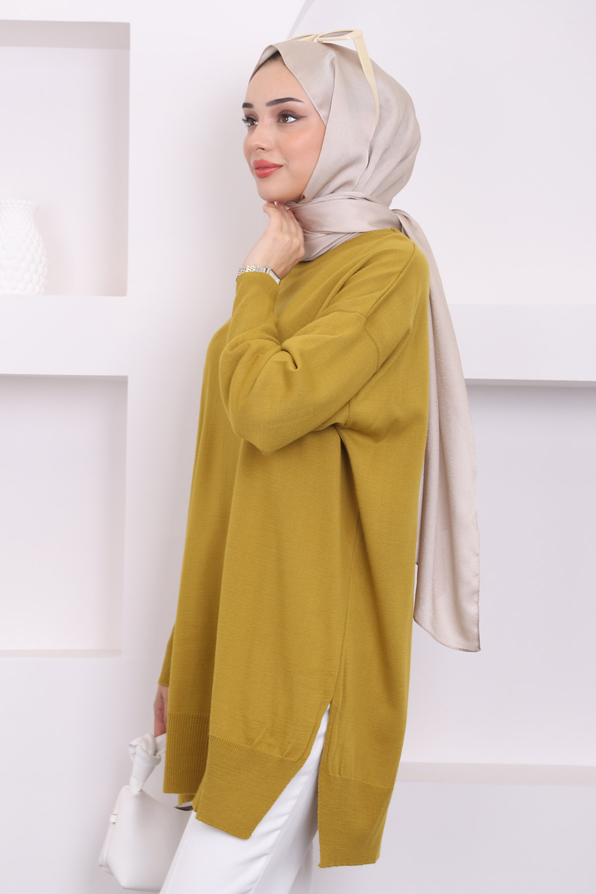 K. Yağyeşili Bisiklet Yaka Merserize Salaş Triko Tunik