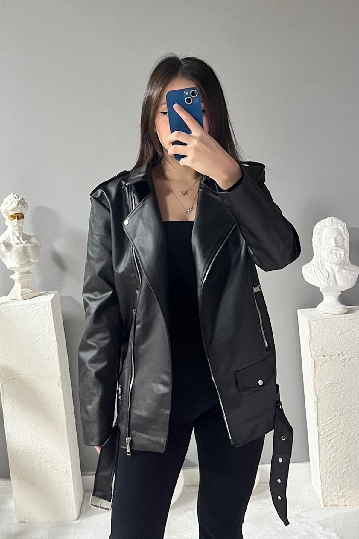 Elvera Oversize Uzun Kadın Siyah Deri Ceket