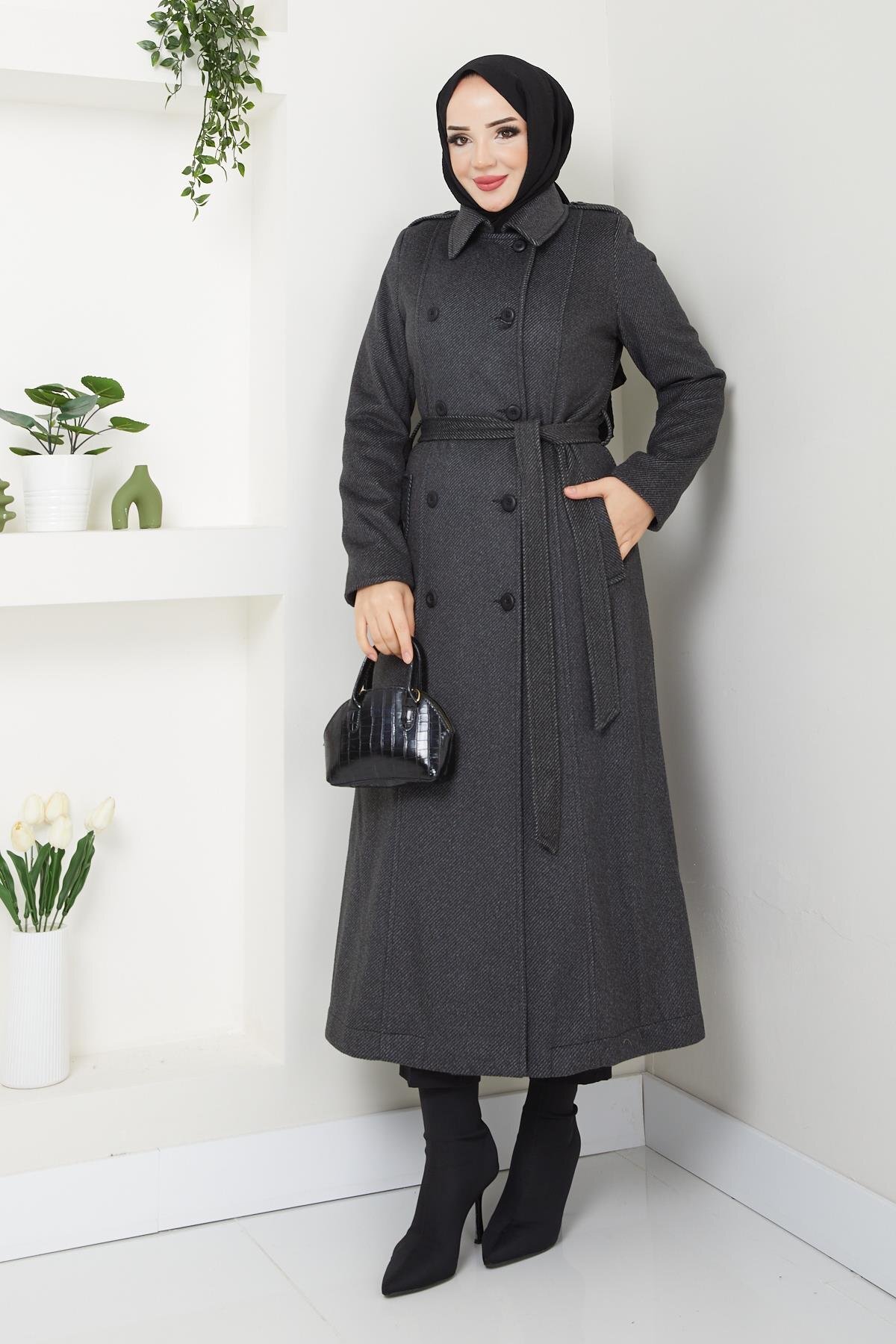 Dar Kalıp Kışlık Kadın Kaşe Kaban Spor Model Çift Düğme Araboy 57038