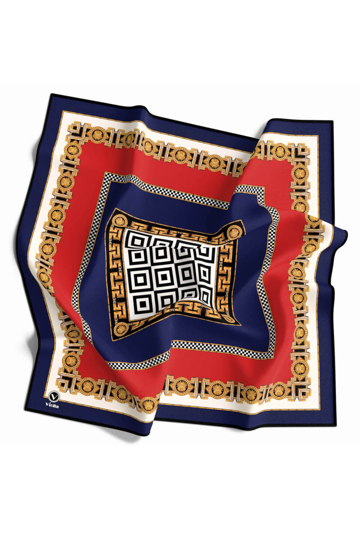 Twill Çizgili Barok Desenli Lacivert - Kırmızı Renkli 90x90 Eşarp (İpek İçermez)