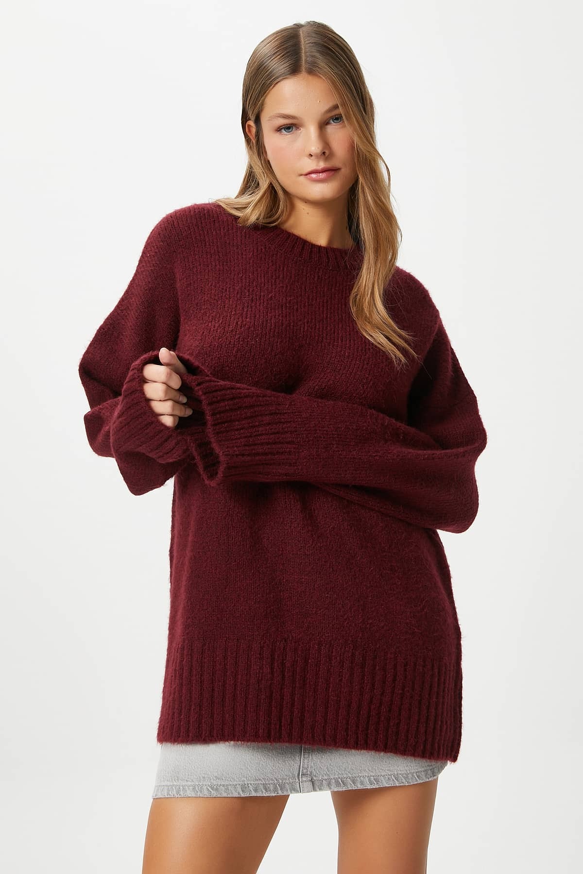 Kadın Homy Yumuşacık Bisiklet Yaka Bordo Oversize Triko Kazak