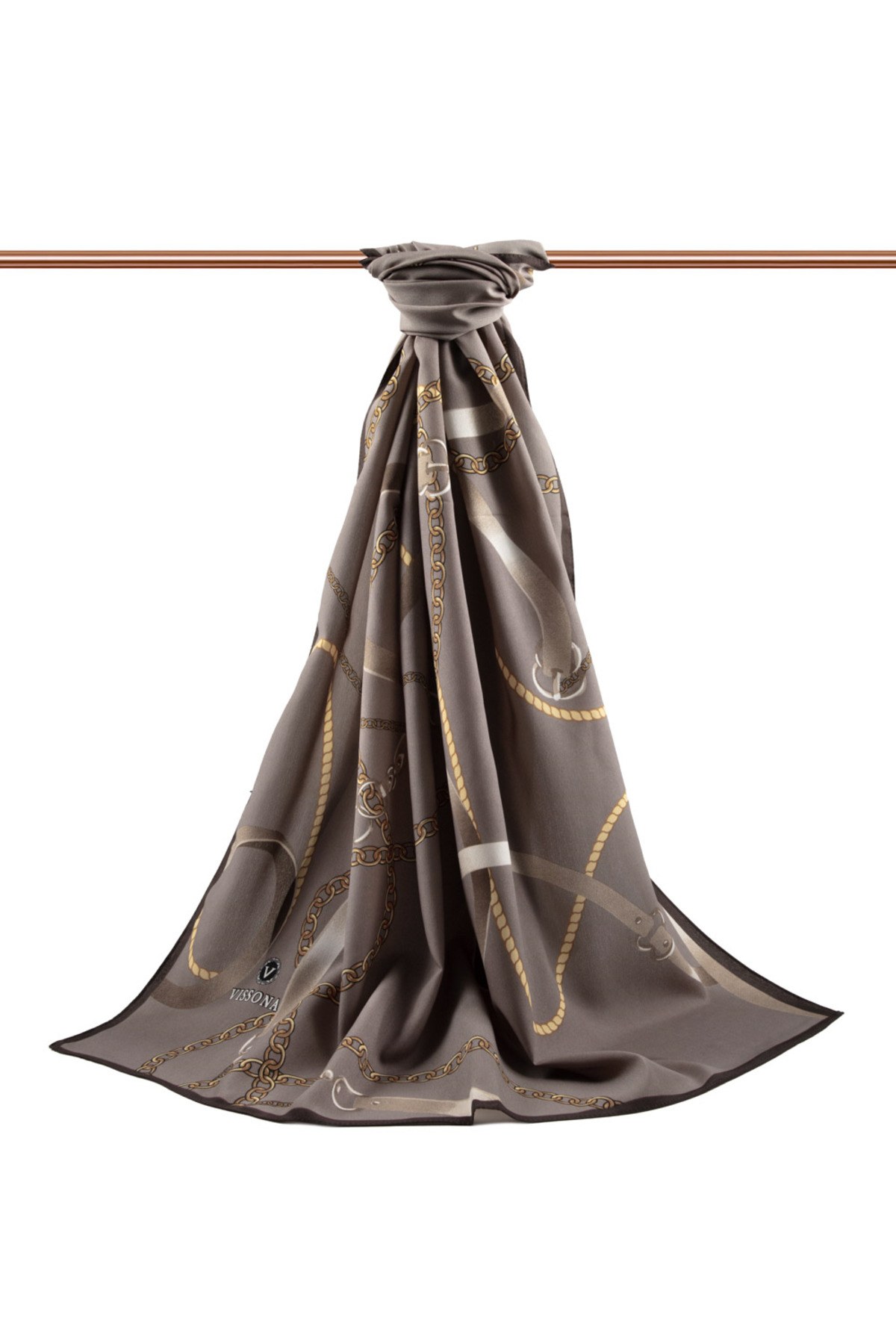 LÜKS MEDİNE İPEĞİ ZİNCİRLİ KEMER DESENLİ VİZON RENKLİ 75X195 KIRIŞMAZ ŞAL MOSS KREP DİKİŞ TİPİ İTALY