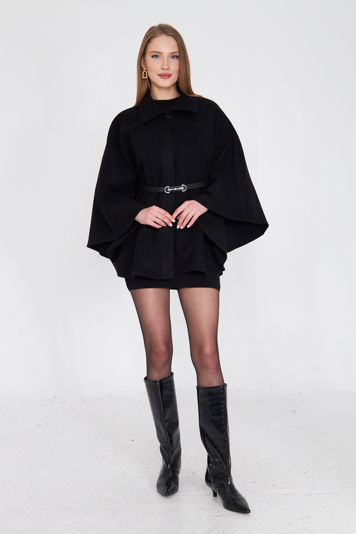 Kadın Kemerli Kaşe Panço Siyah / Sevde Ugur