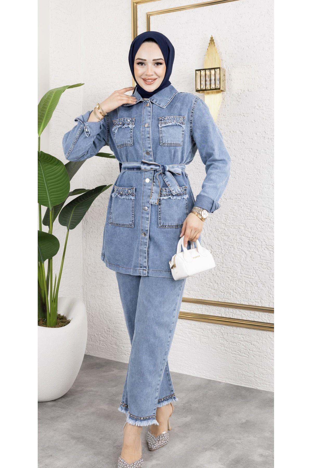 KADIN TAŞ DETAYLI 2Lİ TAKIM KOT CEKET PANTOLON