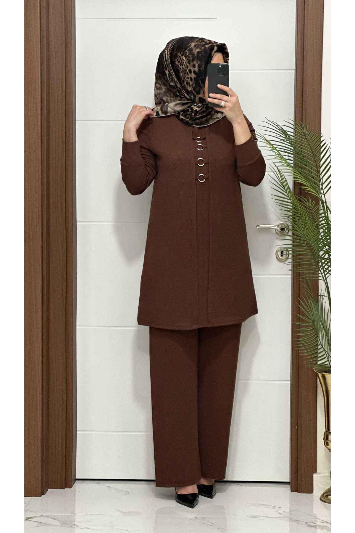 2850  K 75 kahverengi  fitilli atlas kumaş tunik pantolon takım halka detay  buyuk beden  yeni sezon