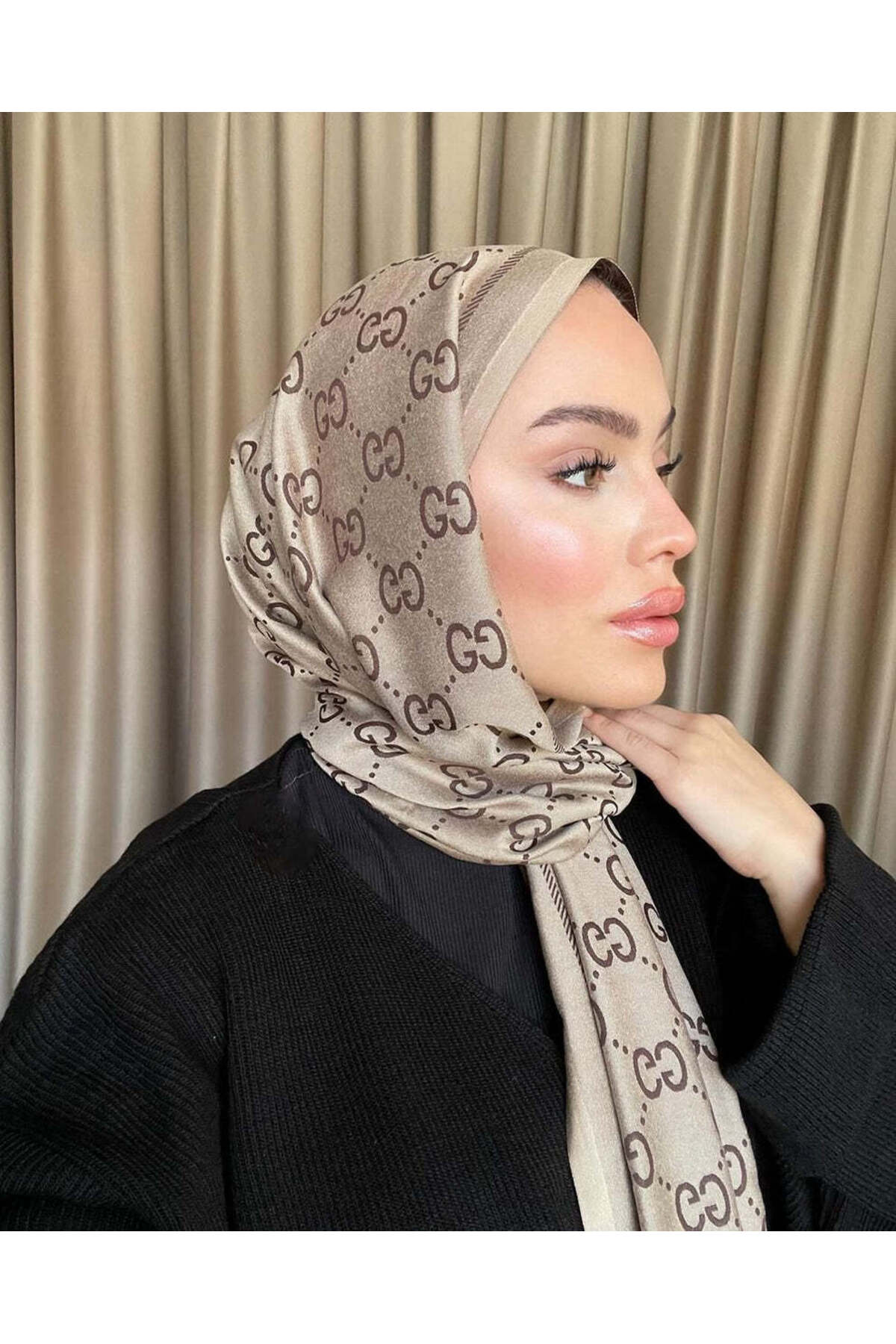 G Desenli İpek Kaşmir Çift Taraflı Şal Kahve