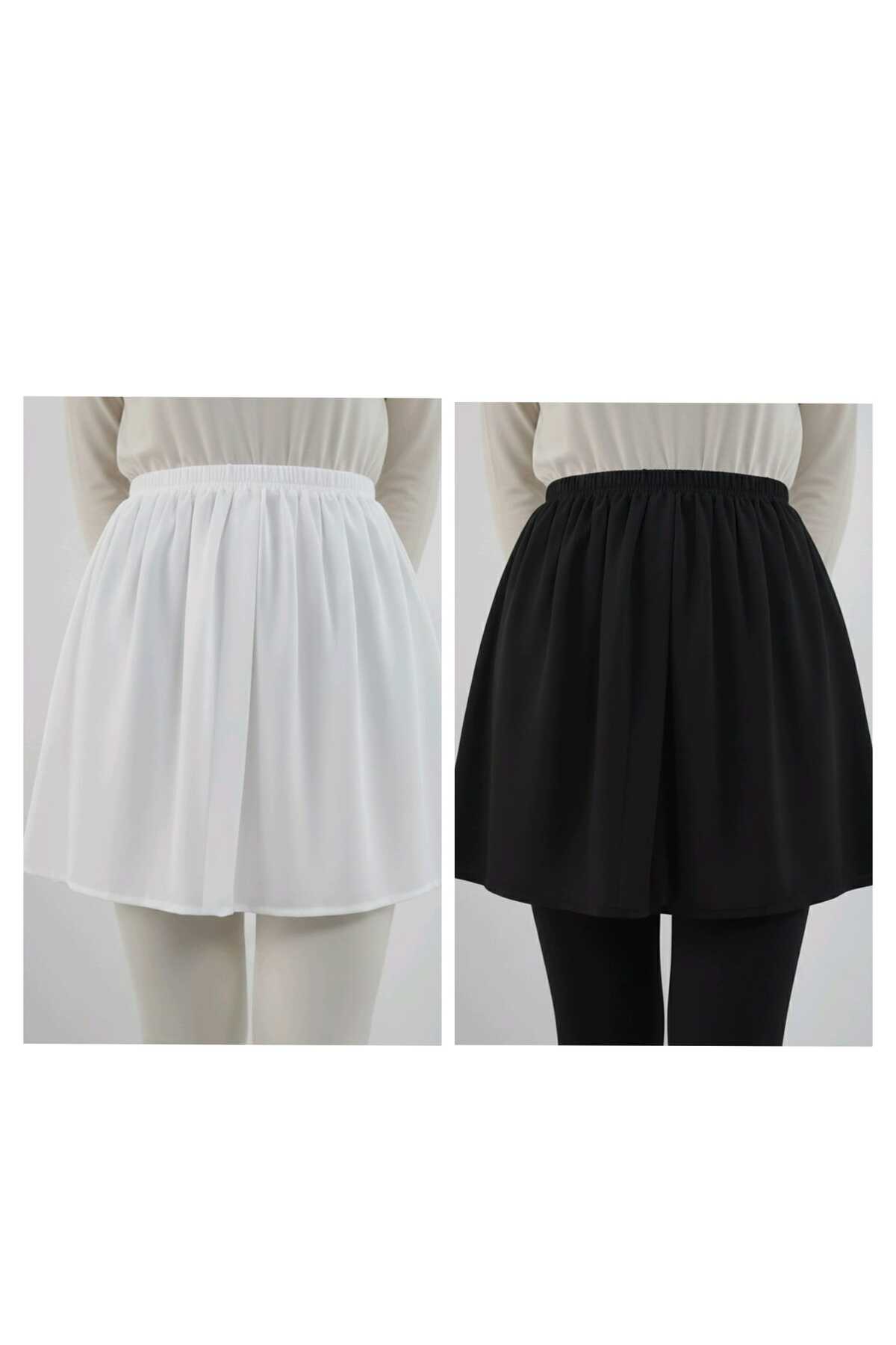 Tesettür 2li Siyah-ekru Kaliteli Krep Içlik Kurtarıcı Uzatıcı Etek Likralı Ön Yırtmaç Yarım Gömlek