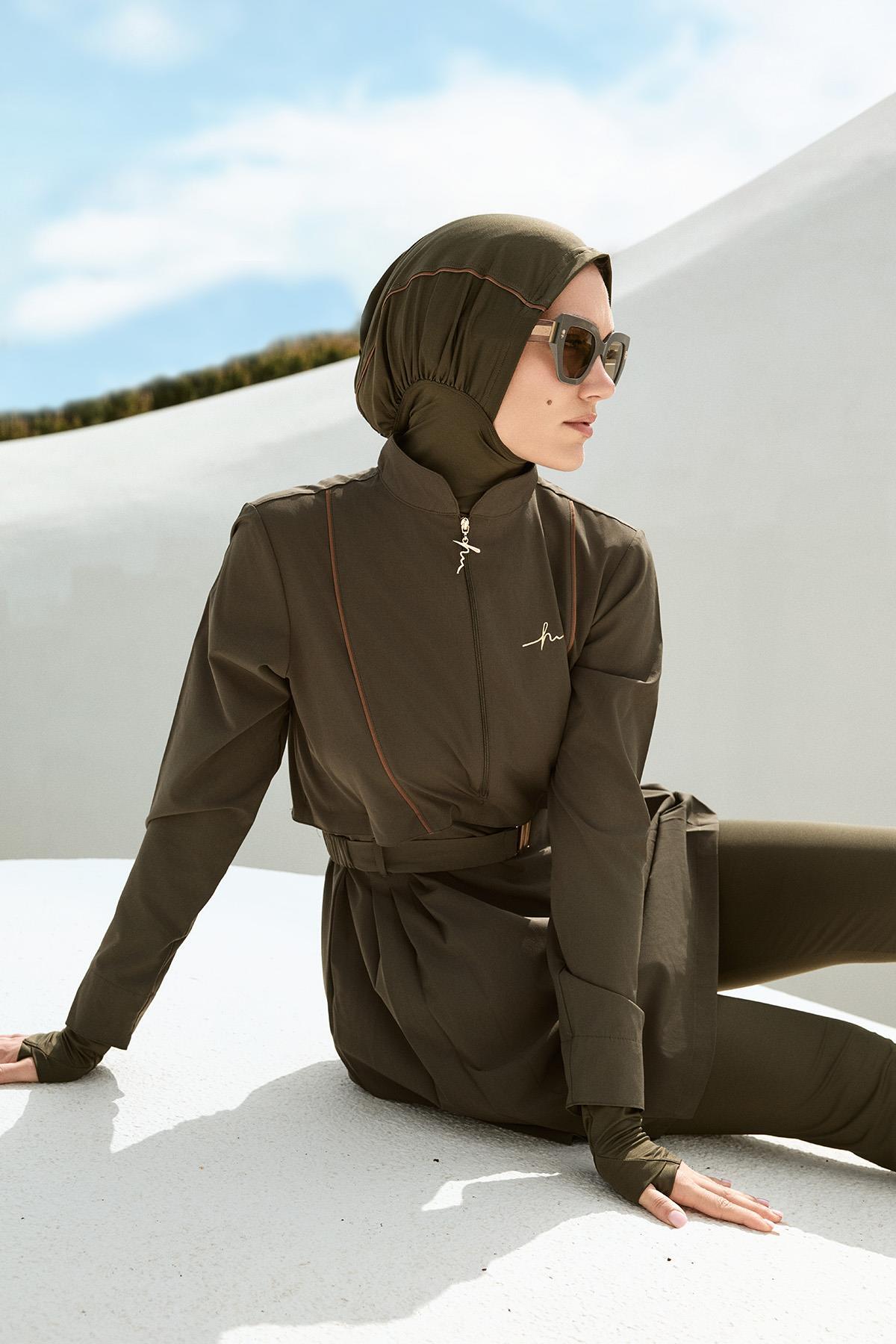 Kemer Toka Detaylı Haki 5 Parça Tam Tesettür Mayo Takımı 5017