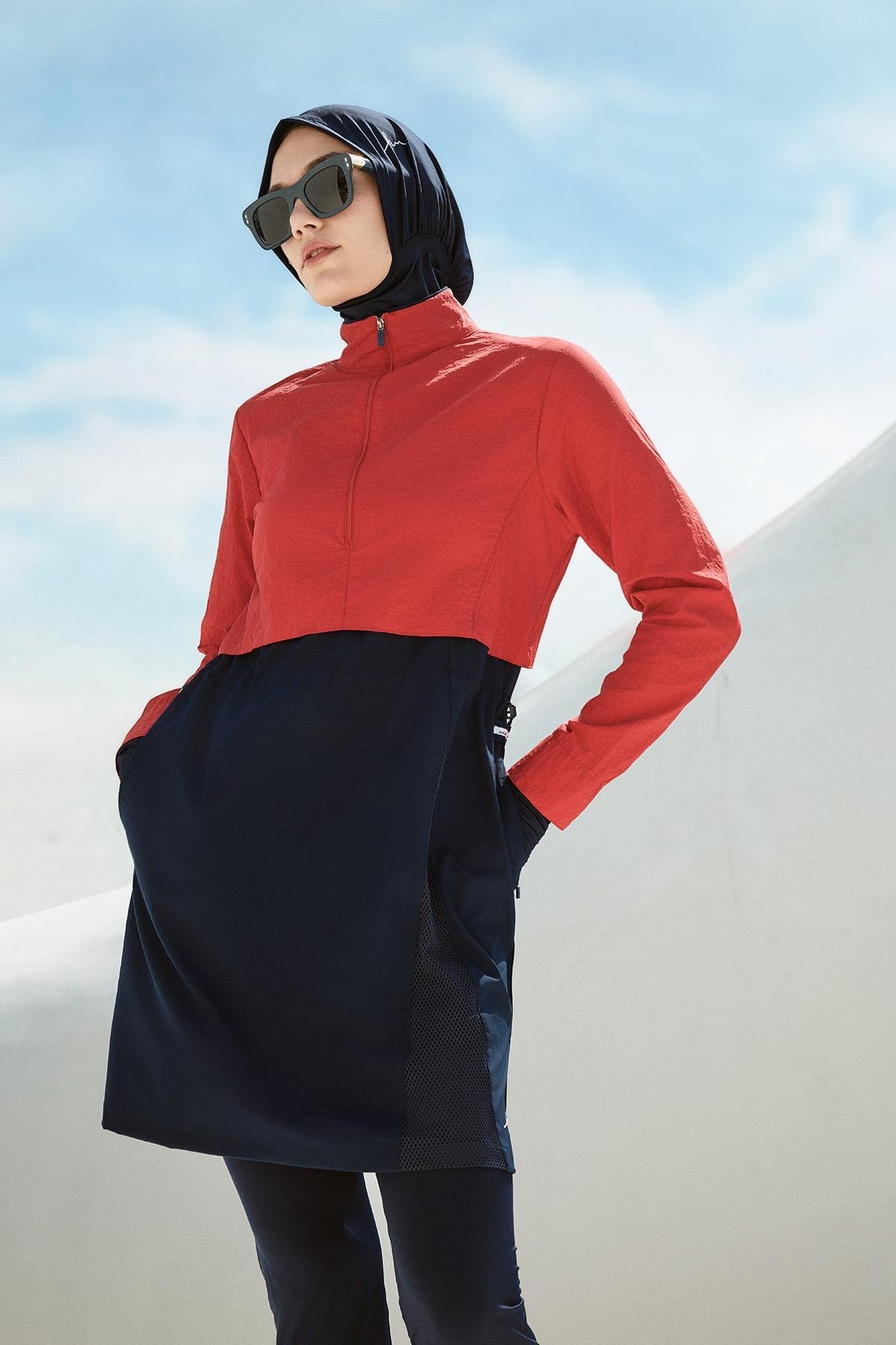 Crinkle Kumaş Kırmızı 5 Parça Tam Tesettür Mayo Takımı 5021