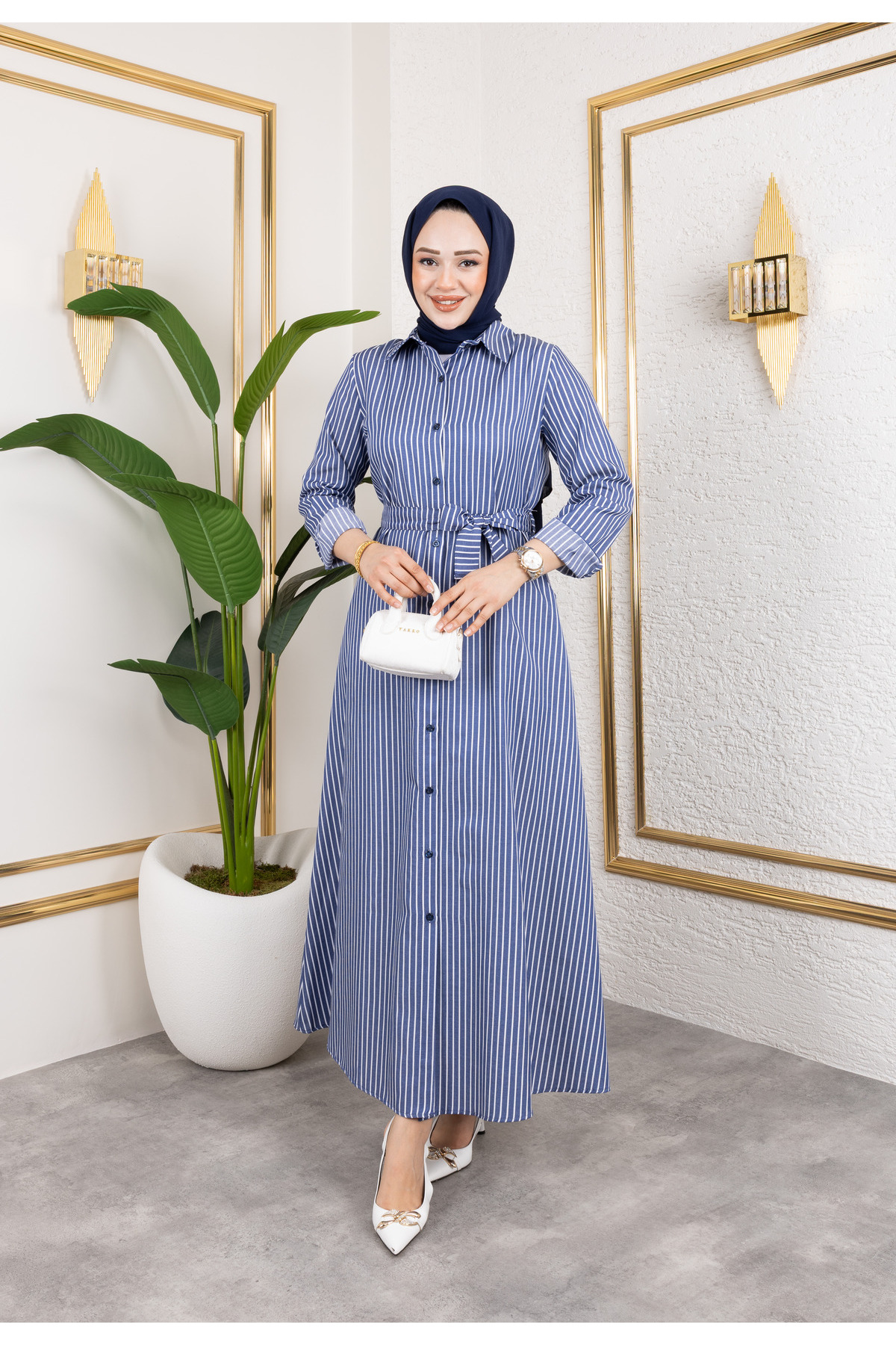 Kadın Mavi Saten Uzun Beyaz Çizgili Kuşak Kemerli Tesettür Elbise