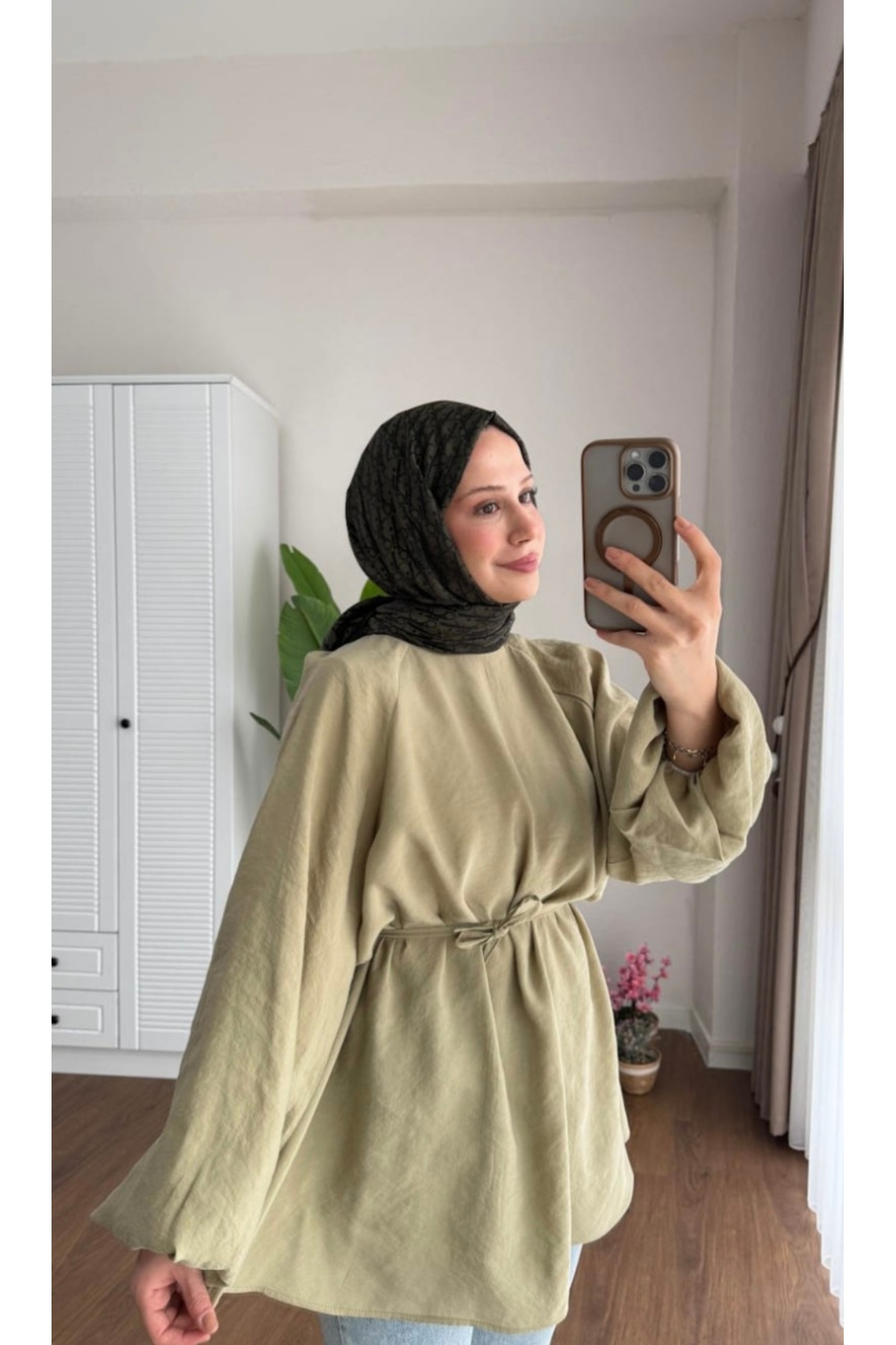 BALON KOL BEL BAĞLAMALI TESETTÜR GÖMLEK AÇIK HAKİ