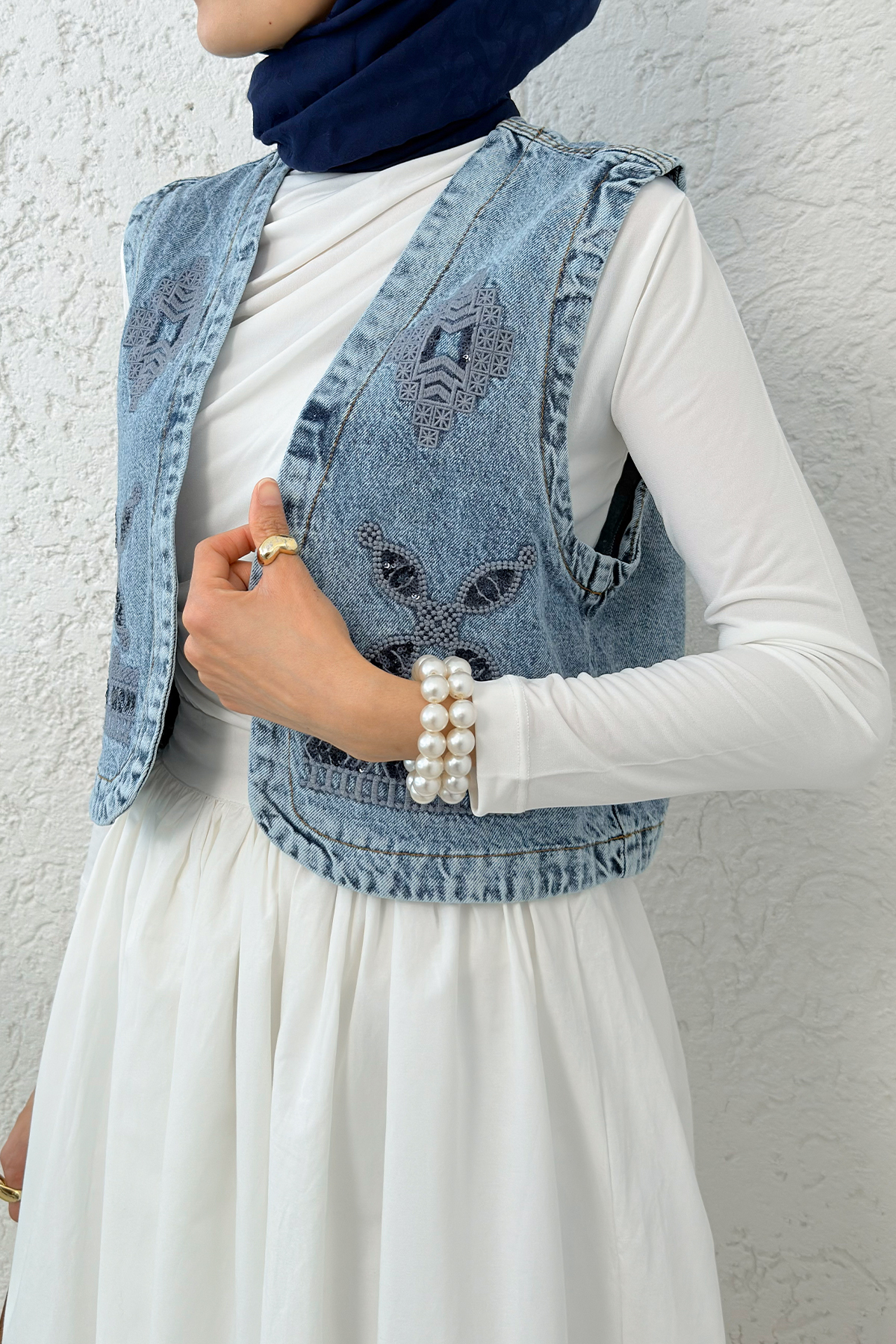 Nakışlı Denim Yelek 92030 - MAVİ