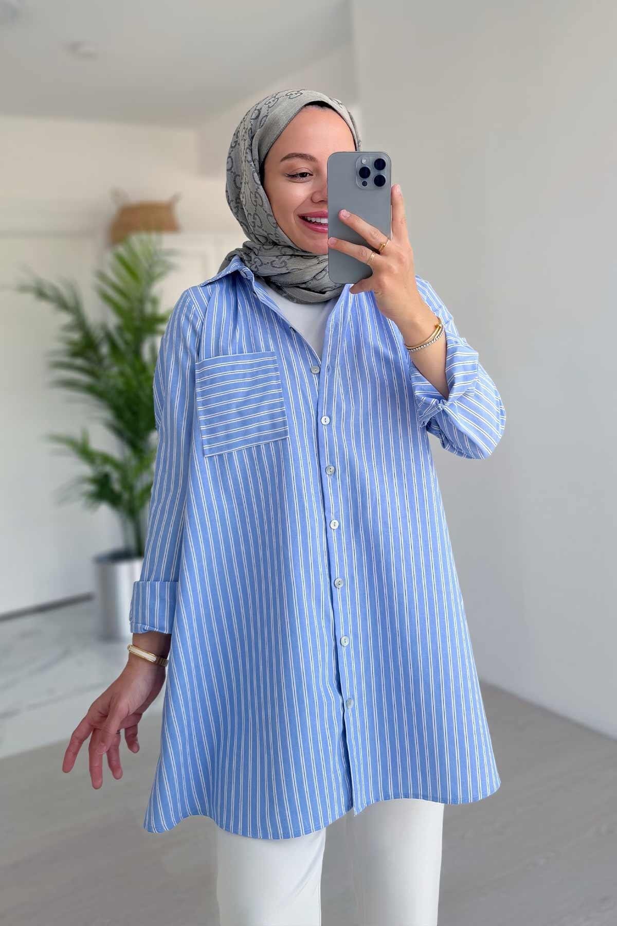 Çizgili Oversize Tesettür Gömlek - Mavi