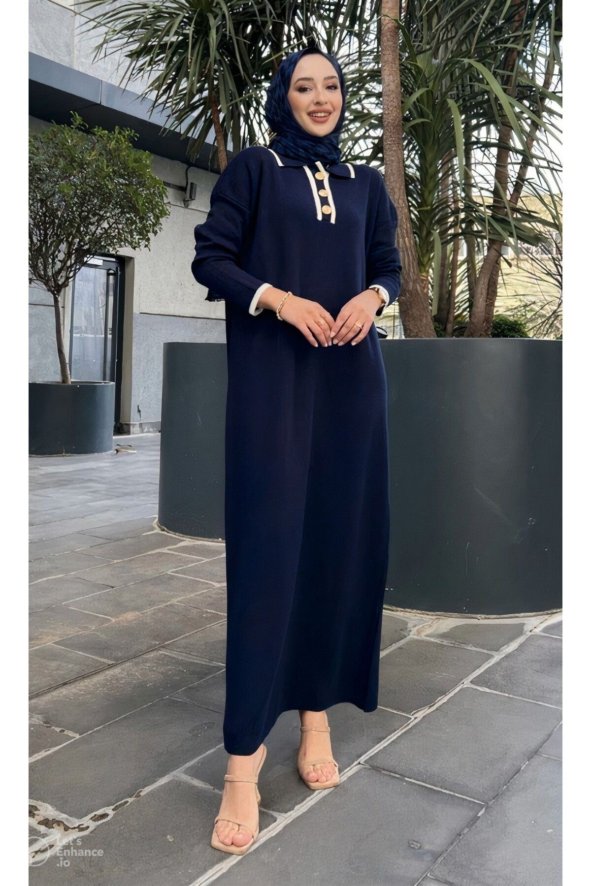 Oversize Düğmeli V Yaka Fitilli Triko Tesettür Elbise